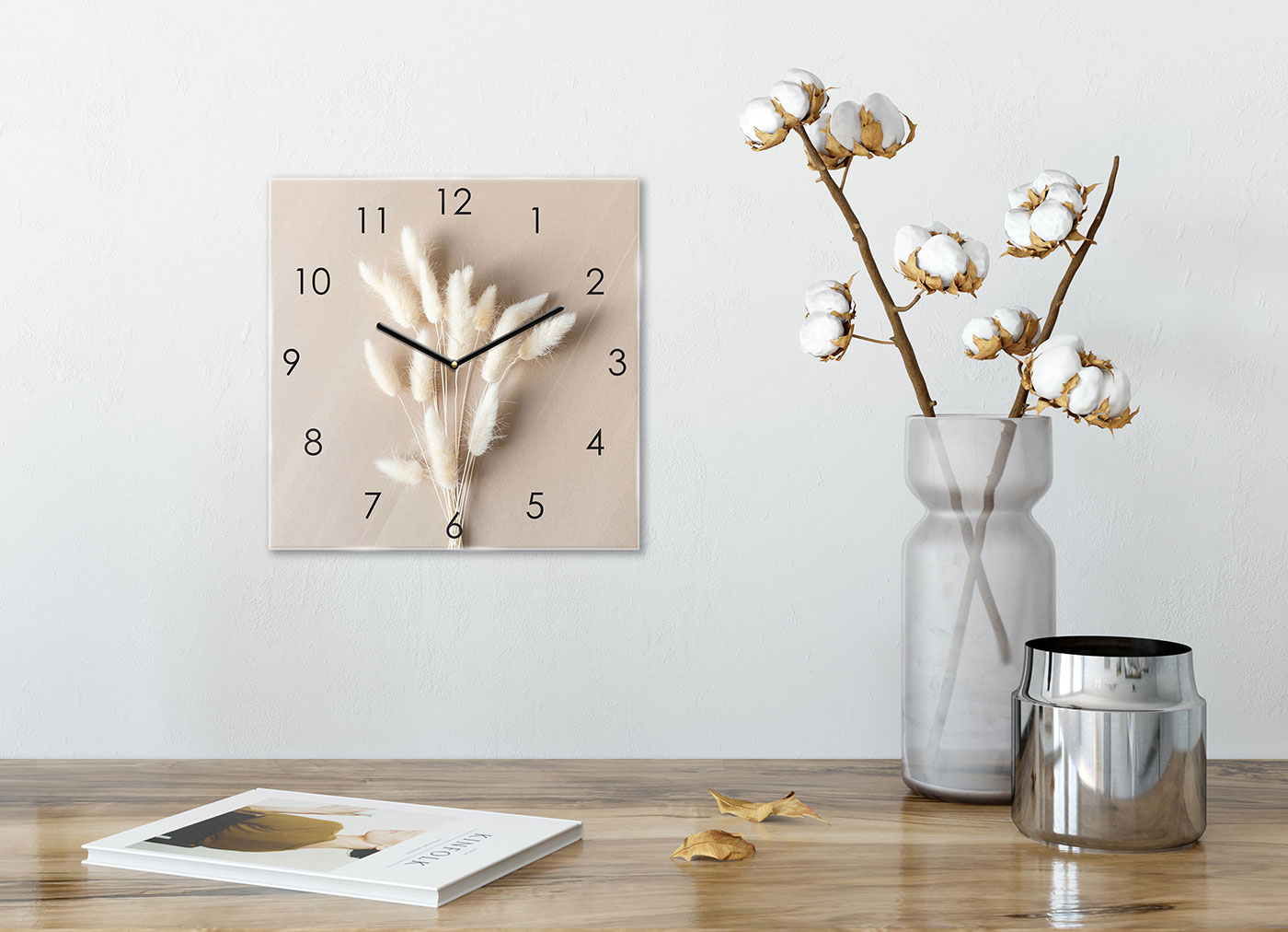 Wanduhr 30x30cm Glasuhr Pampasgras Glasbild Uhr Wanddeko Wandbild Glas Deko
