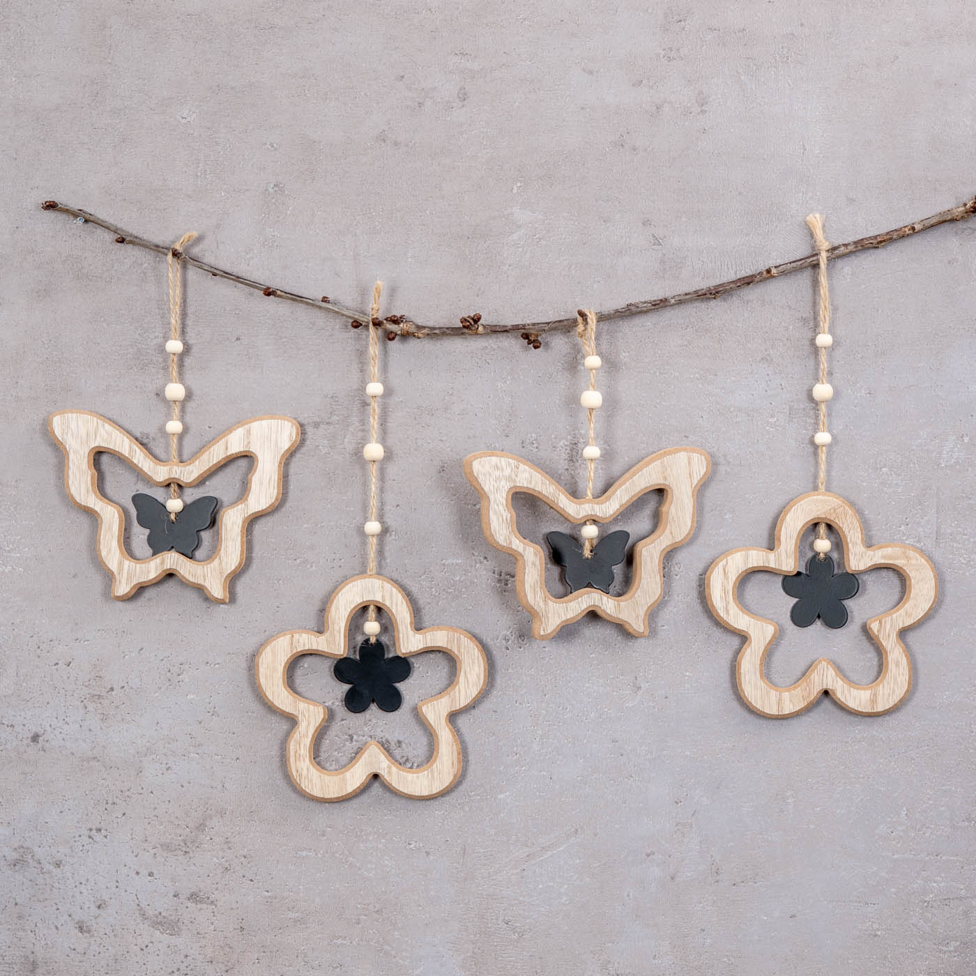4er Set Deko Anhänger Schmetterling Blume MDF Holz Natur Hängedeko Frühling Deko