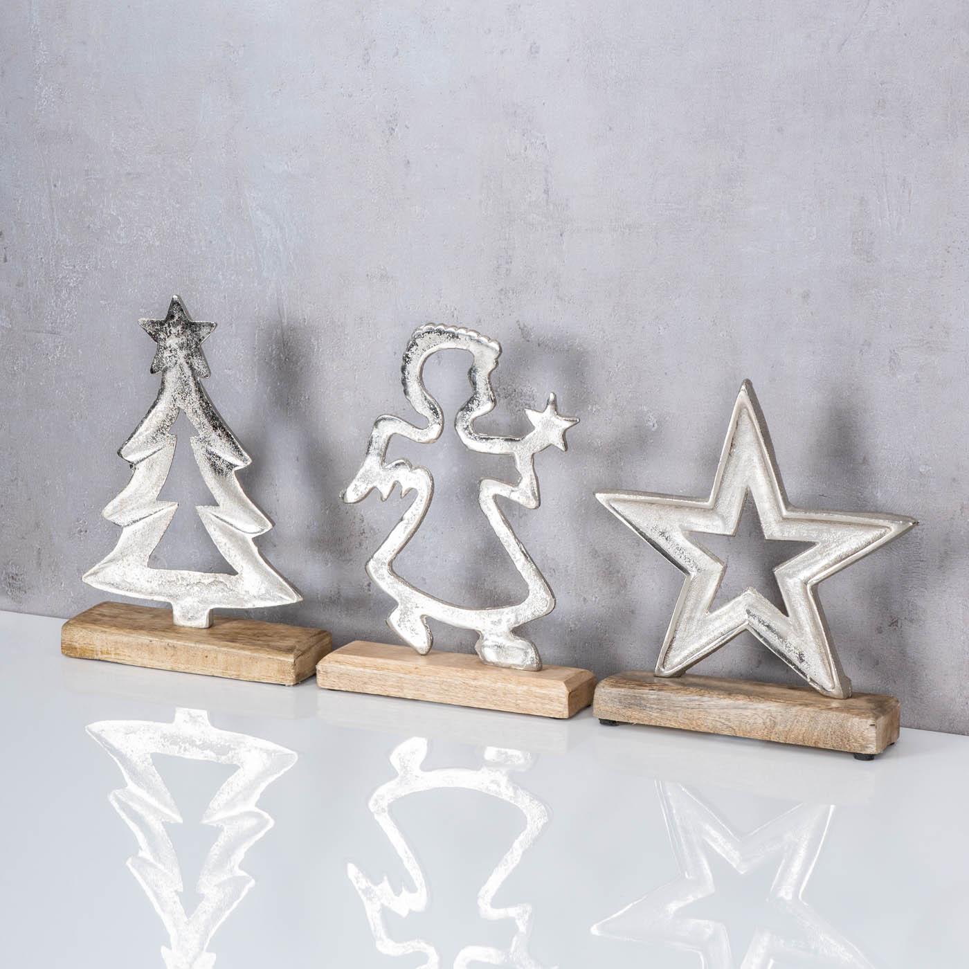 3er Set Dekofiguren Weihnachten H25cm Stern Engel Baum Mango Metall Silber Deko