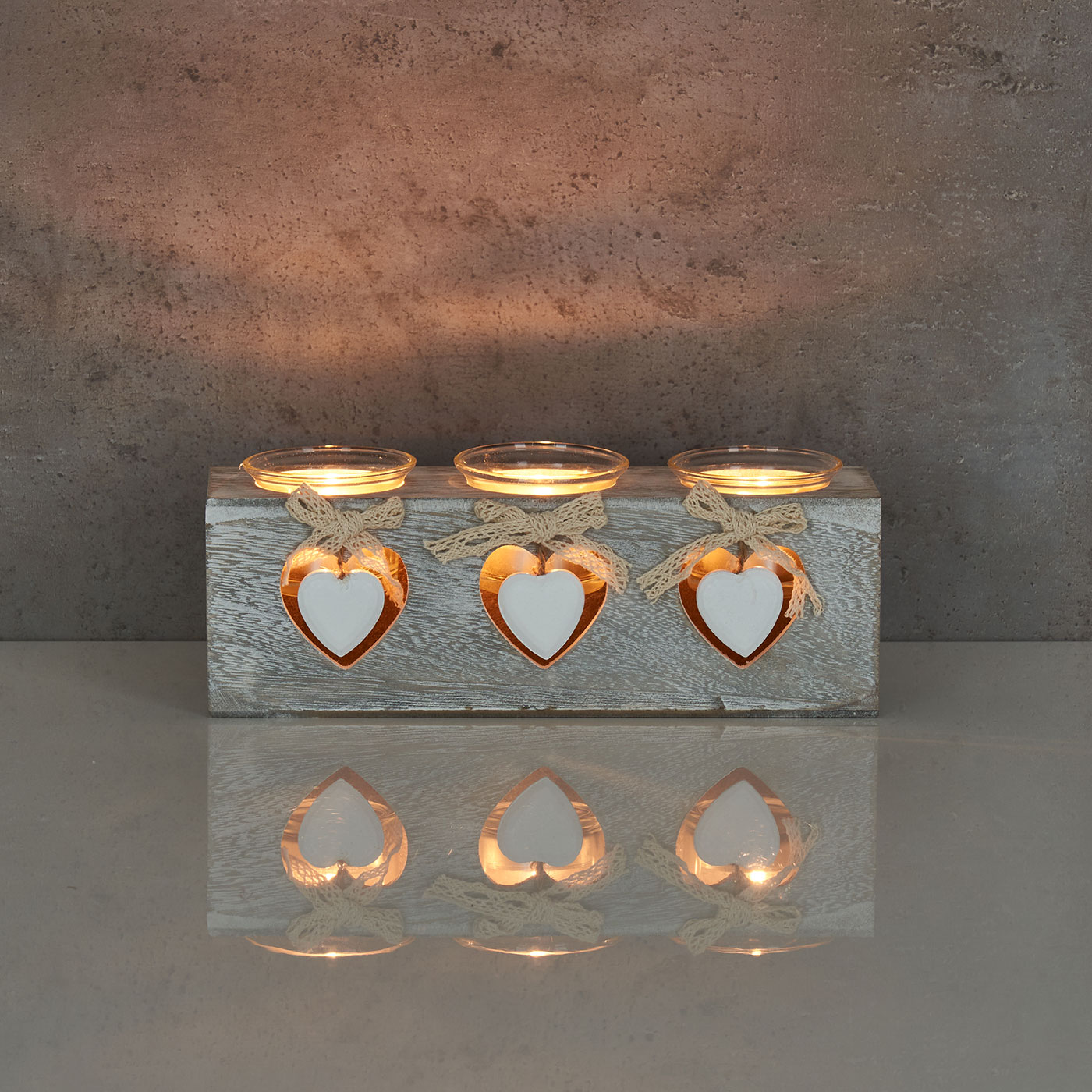 Teelichthalter 24x8x7cm 3 Kerzen Holz Shabby Chic Vintage Herz Deko Glas Licht