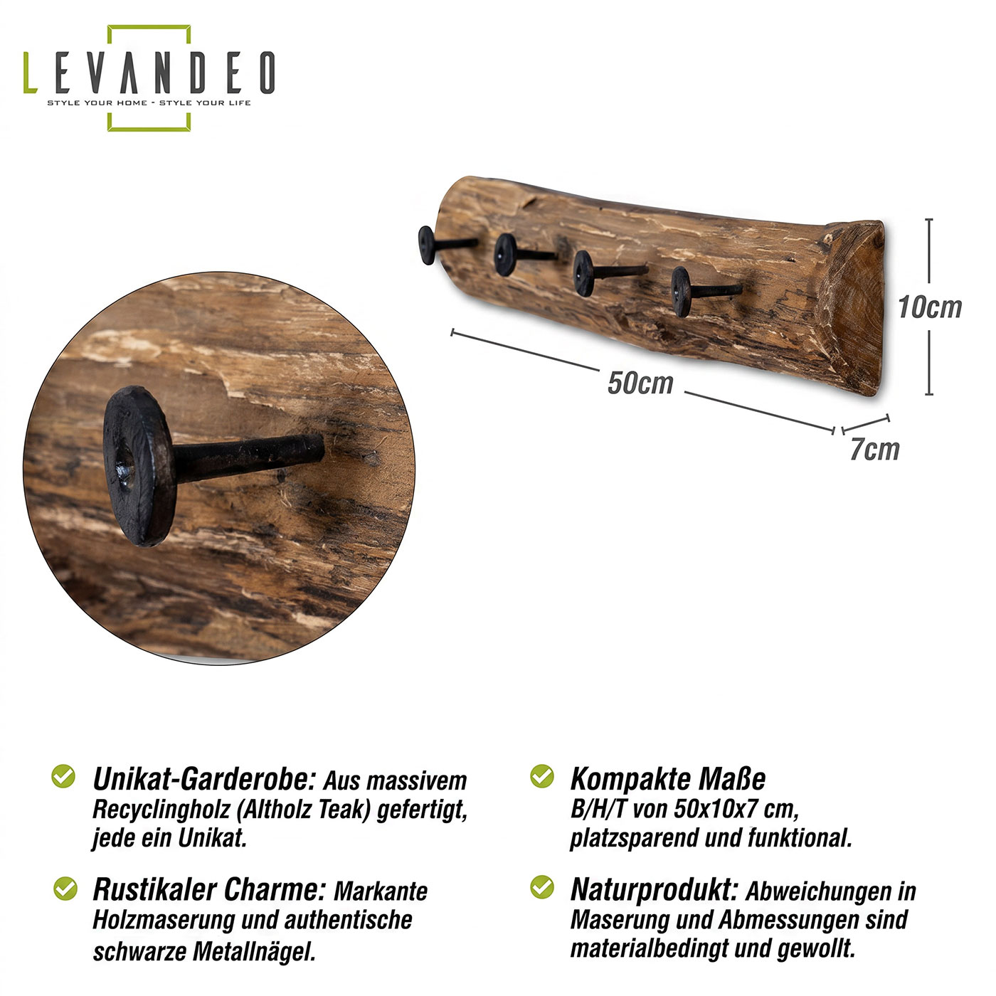 Garderobe Teak Holz 4 Haken L50cm Hakenleiste Recyclingholz Wanddeko Natur Deko