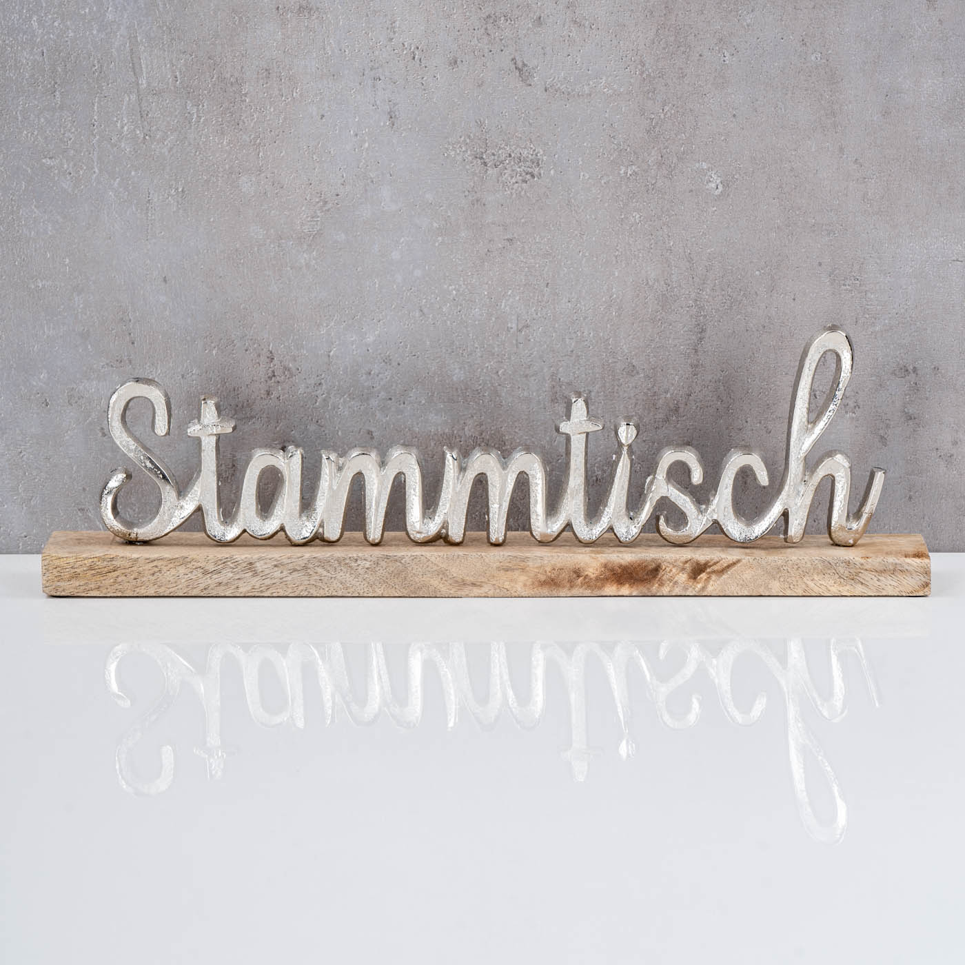 Schriftzug Stammtisch L40cm Metall Mango Silber Holz Tischdeko Deko Aufsteller