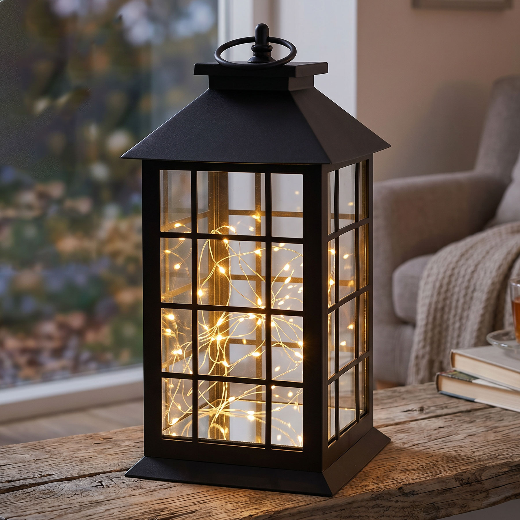 LED Laterne Schwarz H30cm Lichterkette Warmweiß Timer Wohndeko Lampe Kabellos
