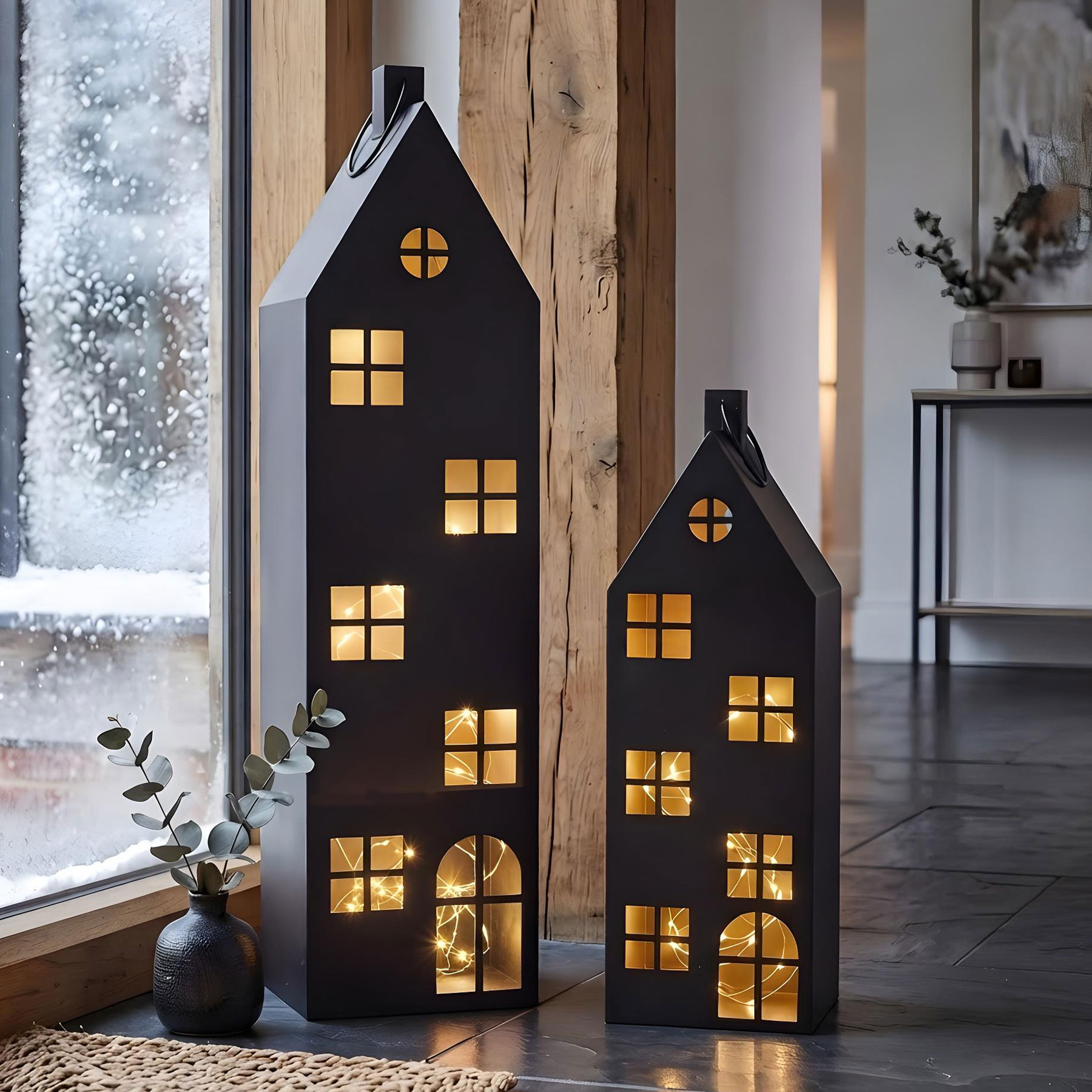 2er Set Laterne Haus H65-95cm Metall Schwarz Deko Windlicht Industrial Style