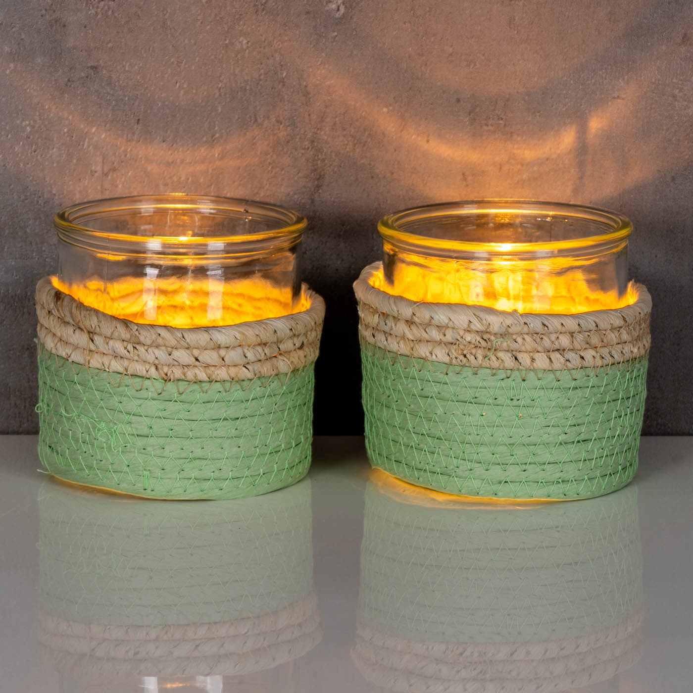 2er Set Glas Windlicht H10cm Natur Grün Teelichthalter Kerzenhalter Tischdeko