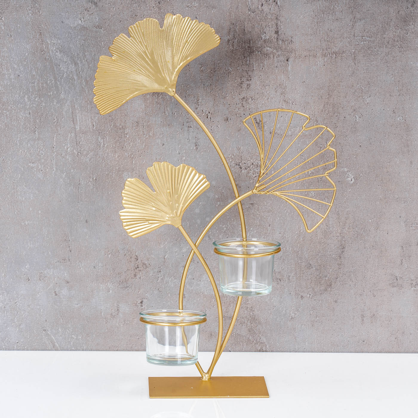 Teelichthalter H34cm Ginkgo Gold Metall Kerzenhalter Kerzenständer Tischdeko