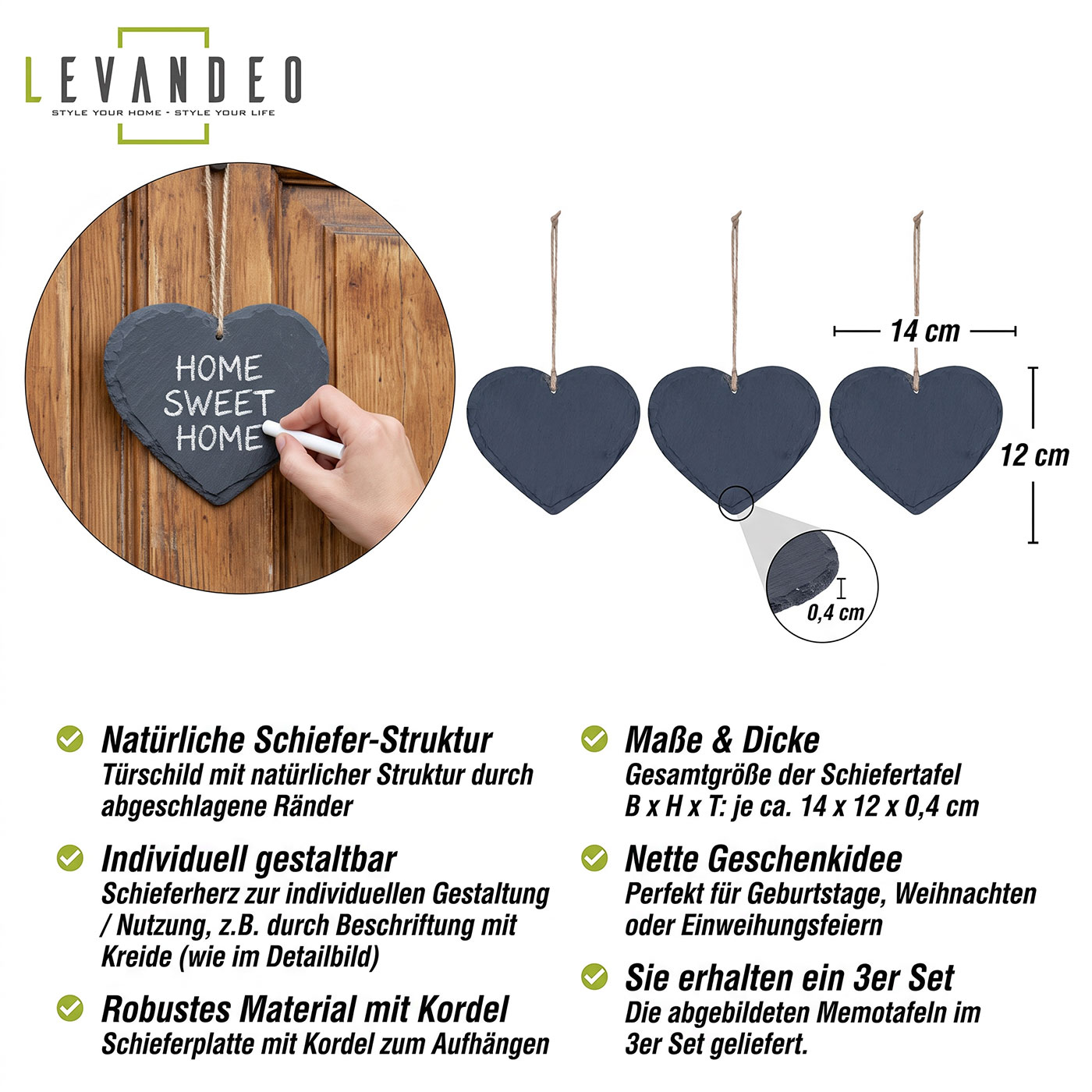 3er Set Schiefertafel Herz 14x12cm Schieferplatte Memotafel Türschild Dekohänger