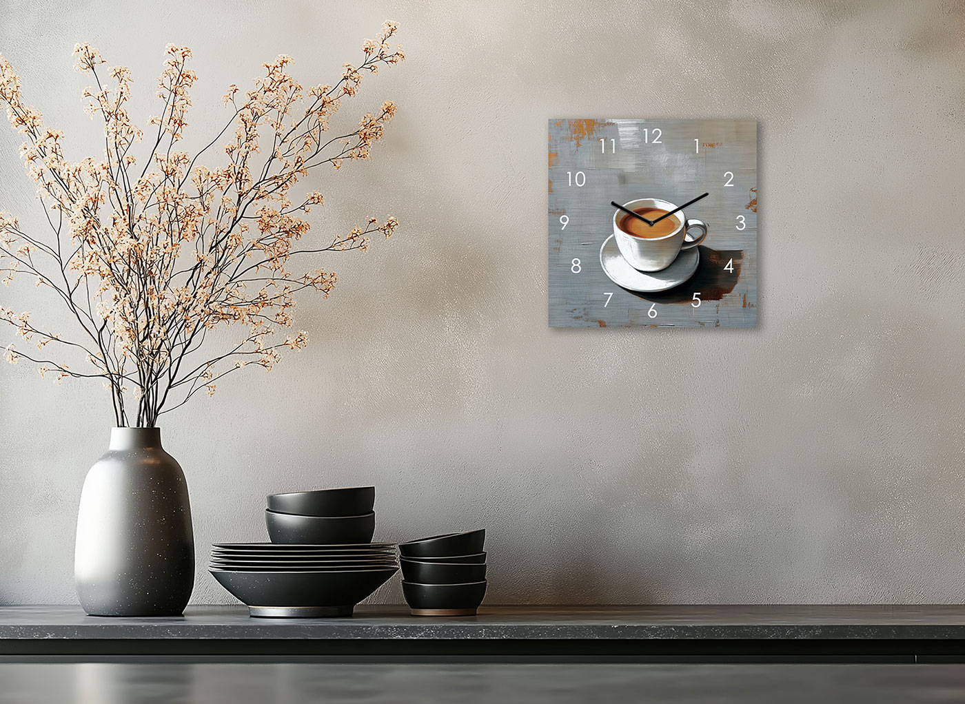 Wanduhr Metall 20x20cm Kaffee Tasse Grau Weiß Design Metalluhr Küche Wanddeko