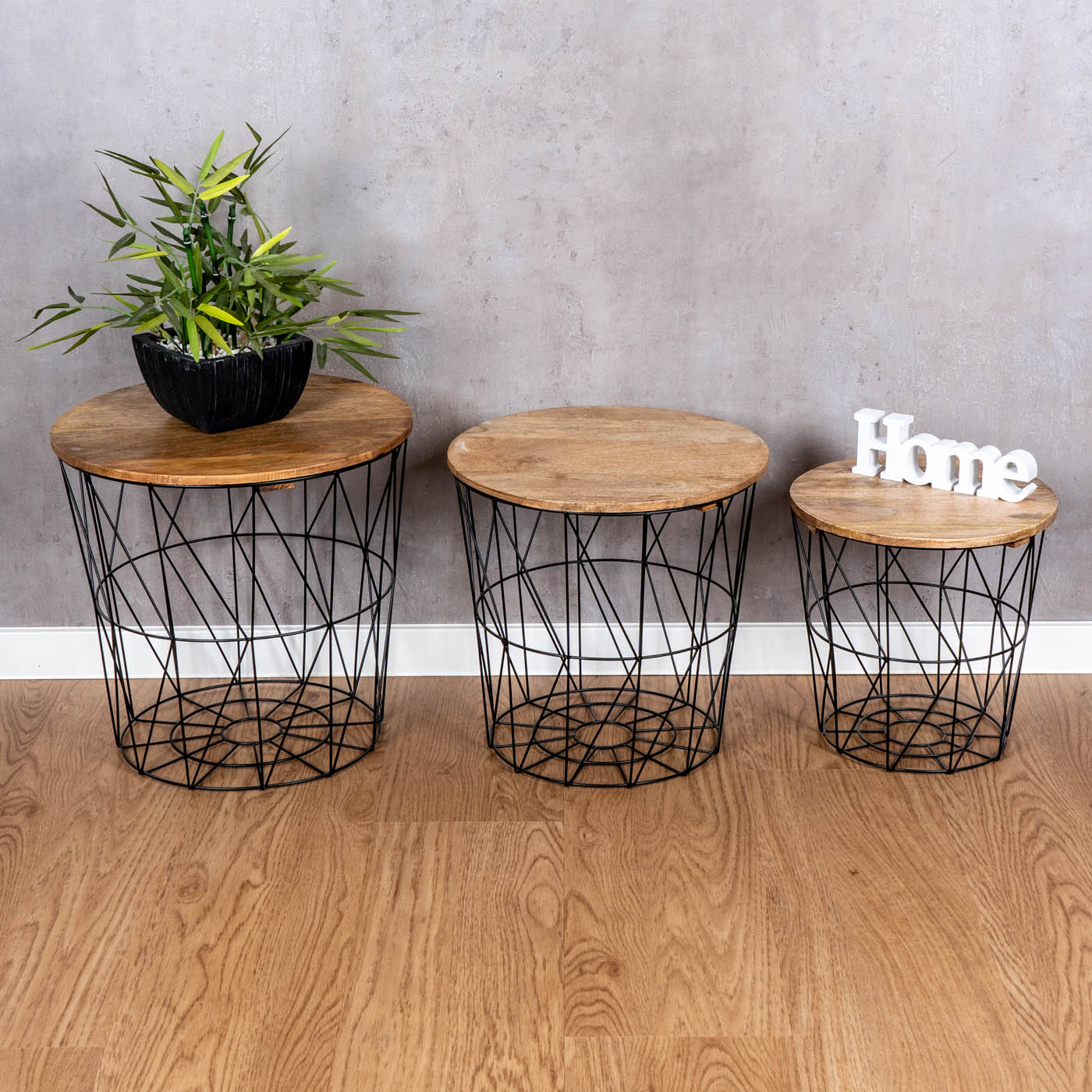 3er Set Beistelltisch Metall Metallkorb Schwarz Mango Couchtisch Deckel Deko