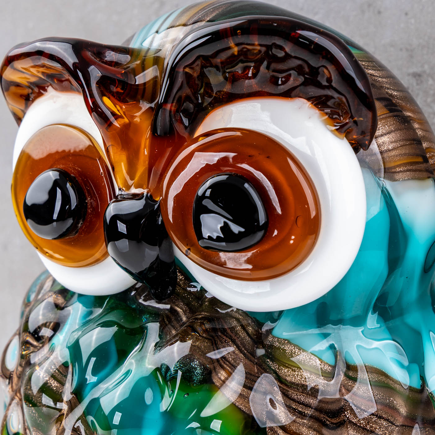 Glas Eule 19cm Murano-Stil Deko Figur Bunt Türkis Braun Vogel Skulptur Unikat