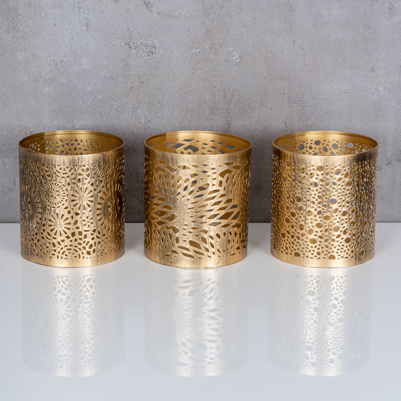 3er Set Windlicht H11cm Gold Metall Teelichthalter Kerze Deko Tischdeko Oriental