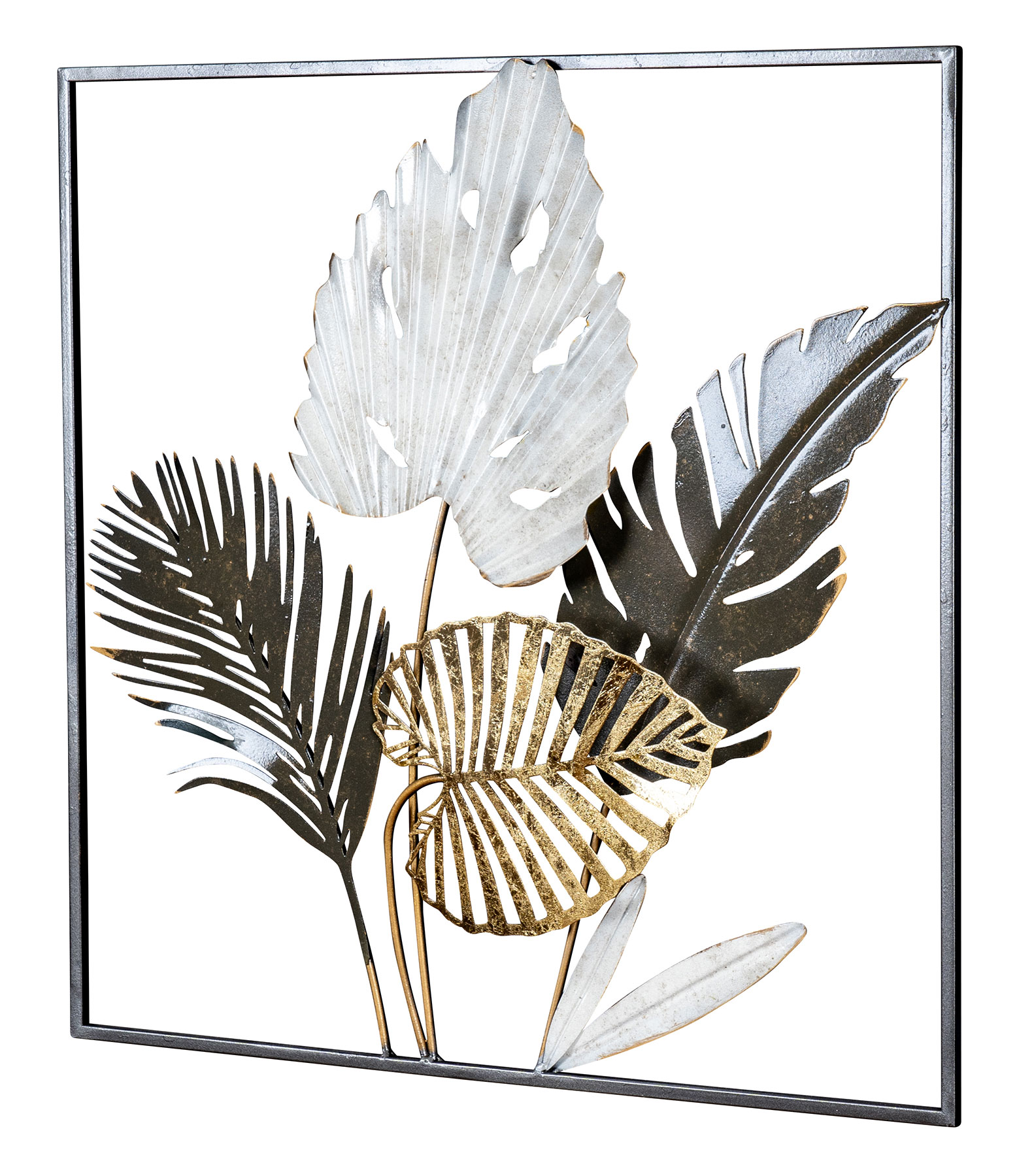 Metallbild 50x50cm Palmenblatt Wandbild Gold Weiß Schwarz Wanddeko Metall Deko