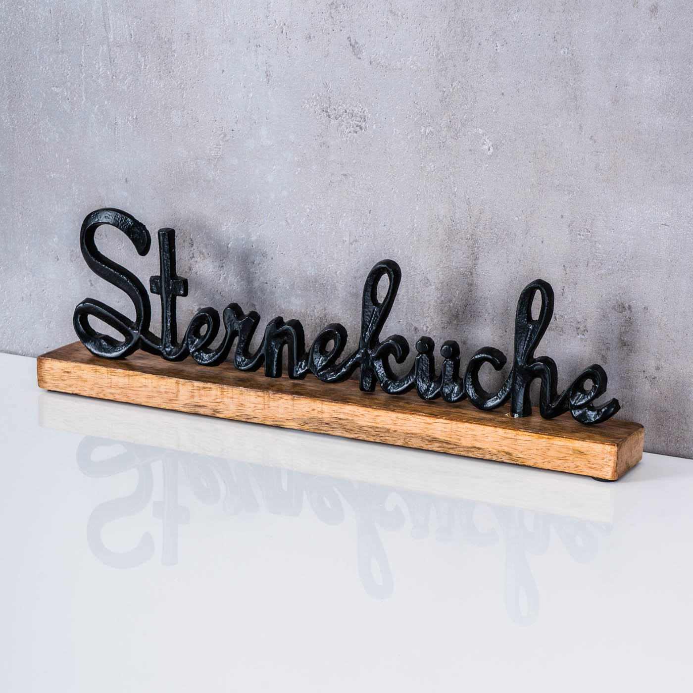 Sterneküche Schriftzug L40cm Metall Schwarz Mango Holz Tischdeko Deko Aufsteller