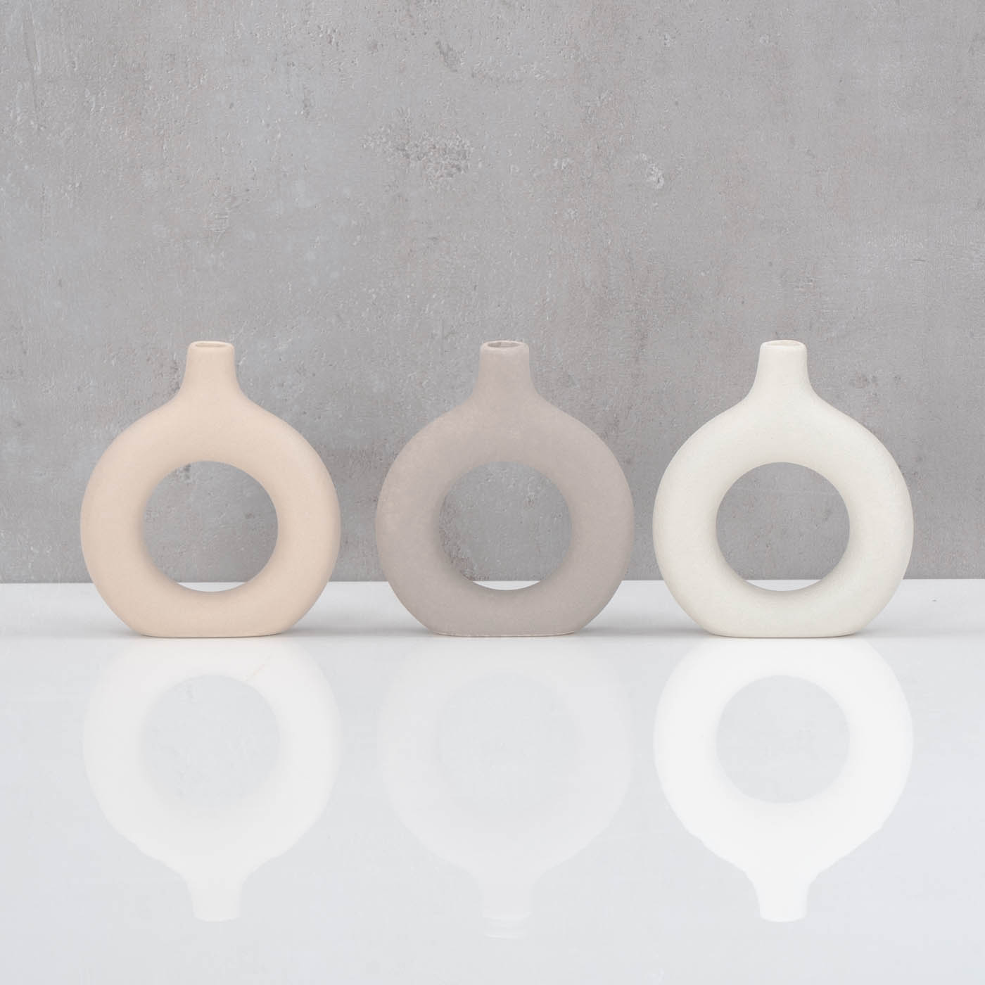 3er Set Donut Vase H12cm Keramik Beige Blumenvase Rund Dekovase Tischdeko Deko