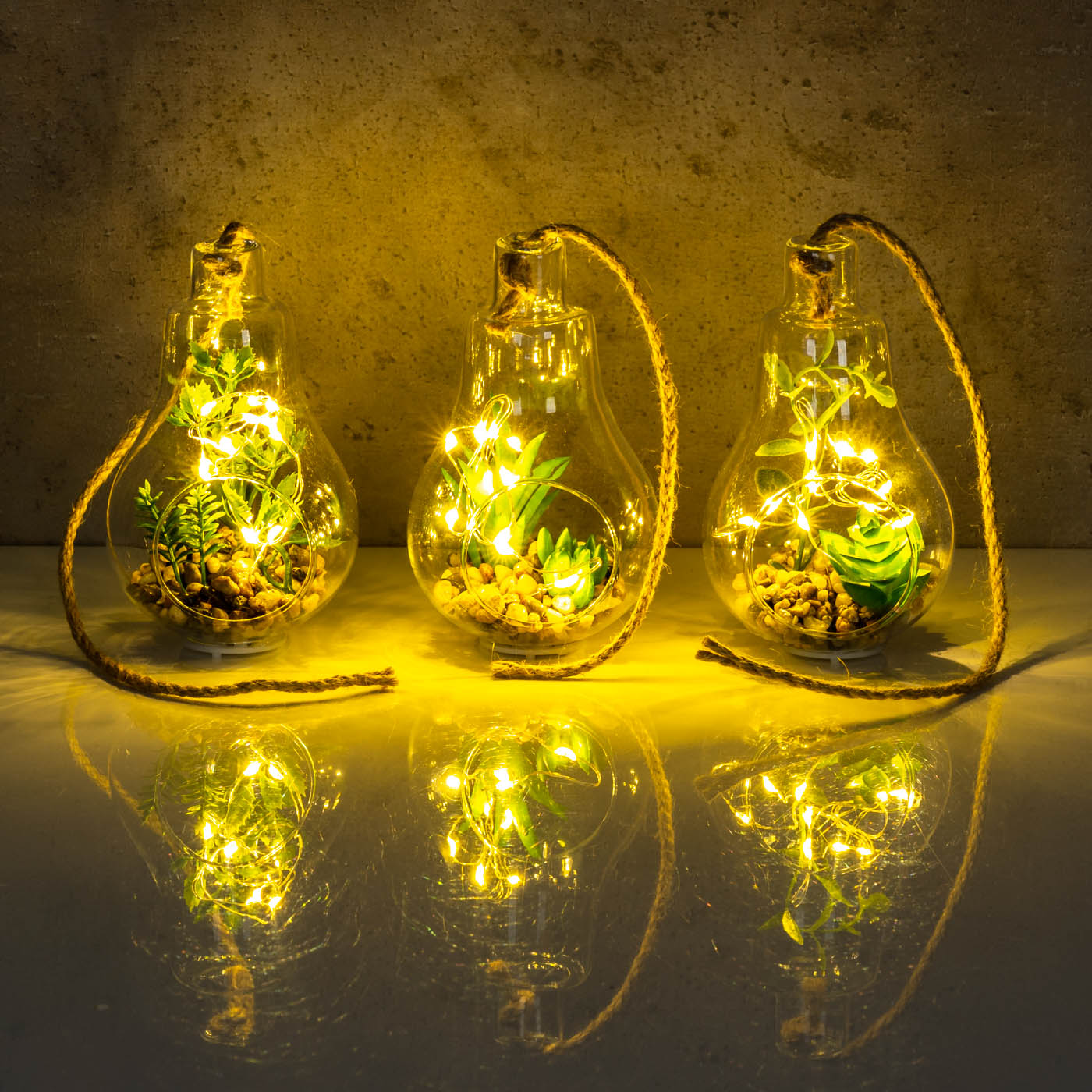 3er Set Glühbirnen Sukkulenten H12cm Glas Deko LED Lampe Kunstpflanze Grün