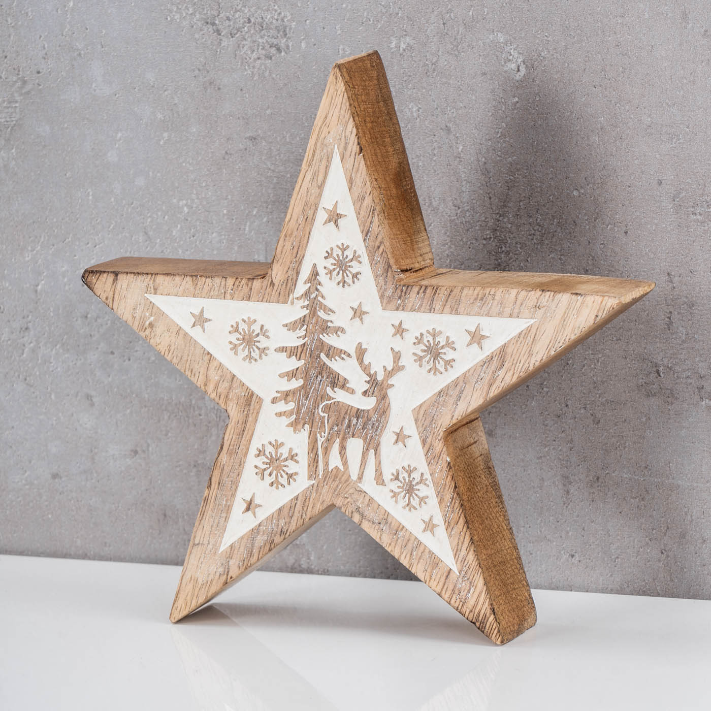 Deko-Stern Holz 20cm Natur Weiß Mango Deko Tischdeko Mangoholz Holzdeko Winter