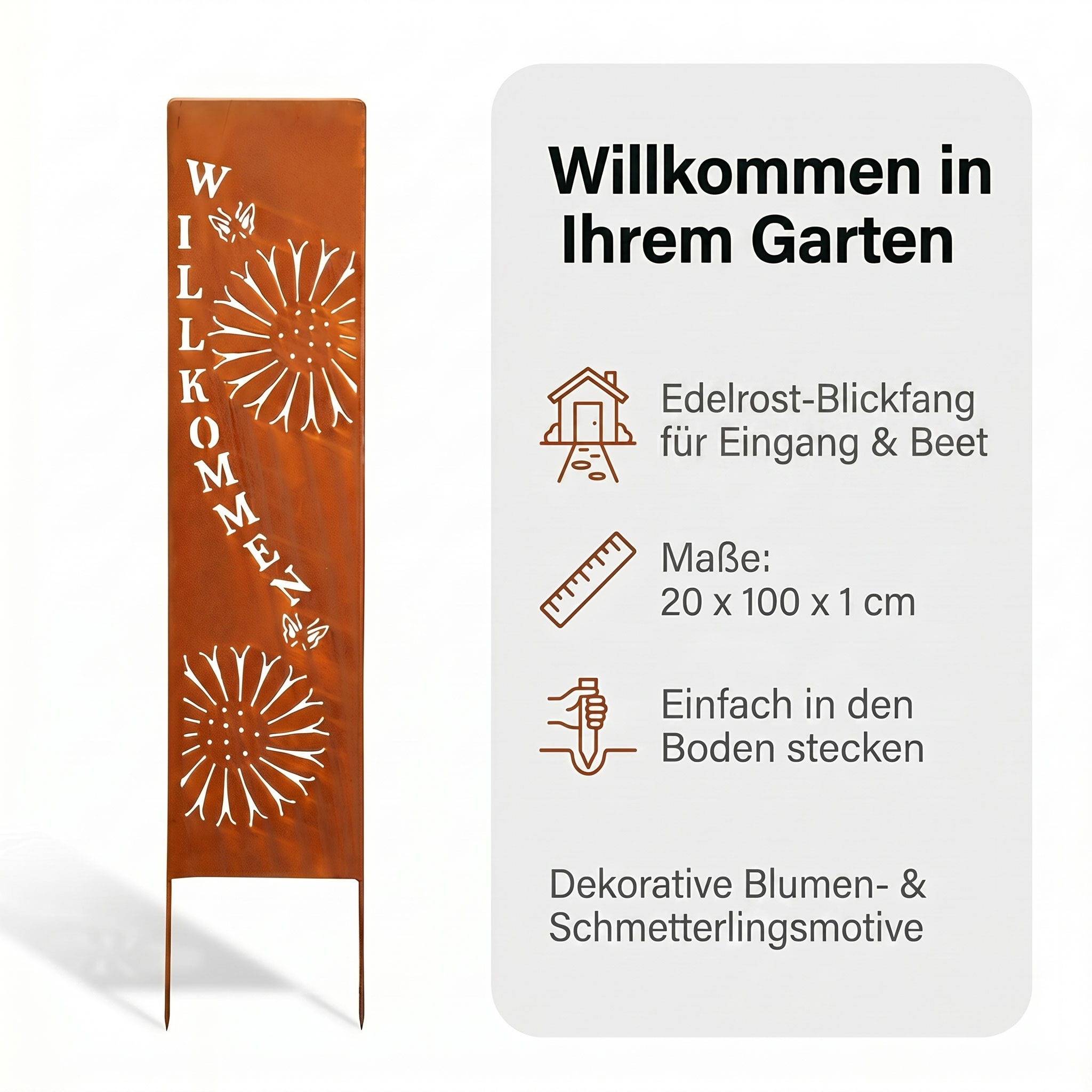 Gartenstele Willkommen Metall Edelrost 20x100cm Blumen Schmetterling Rost Deko