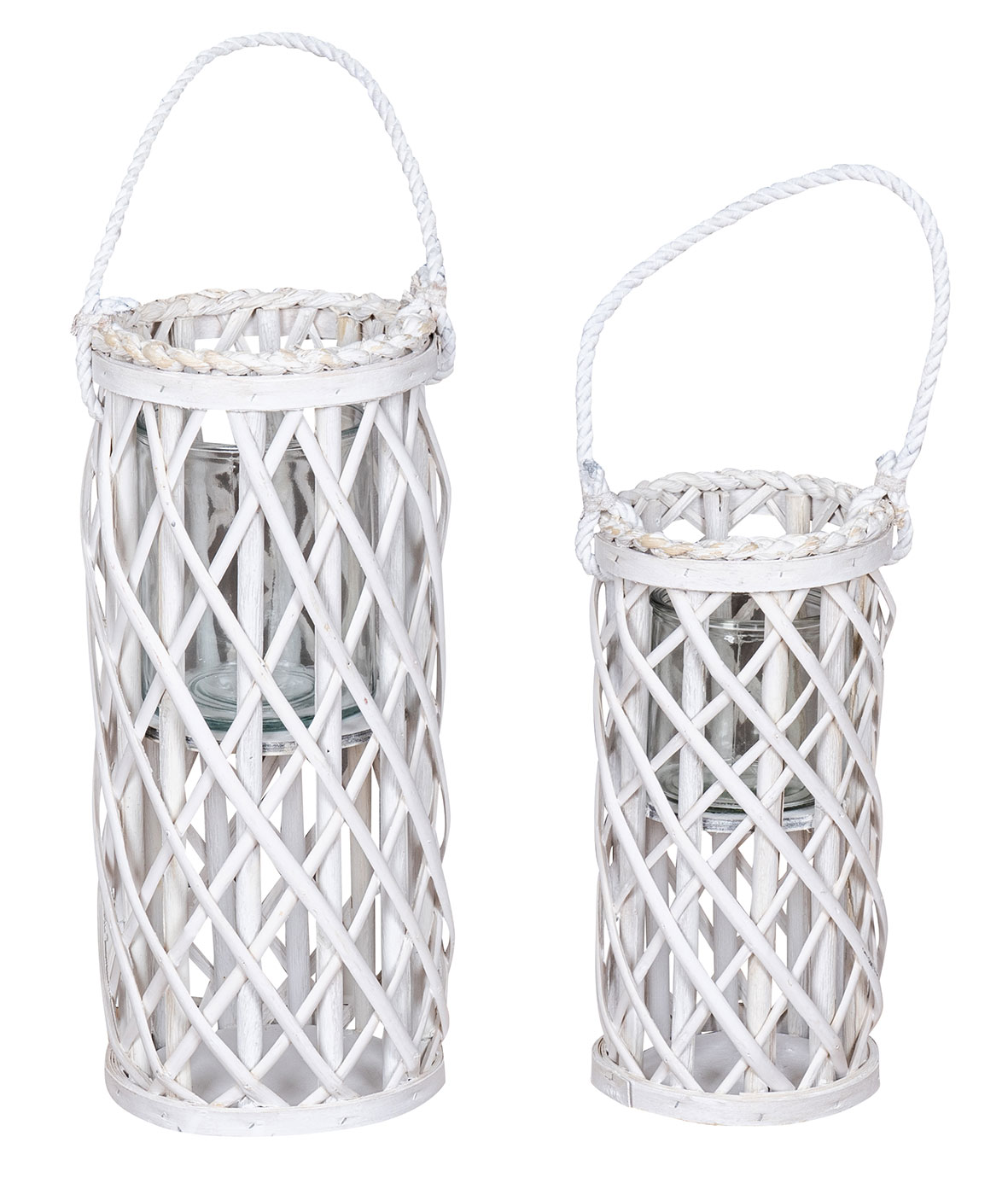 2er Set Laterne Windlicht H40cm H31cm Weiß Holz Weide Kerzenhalter Garten Deko
