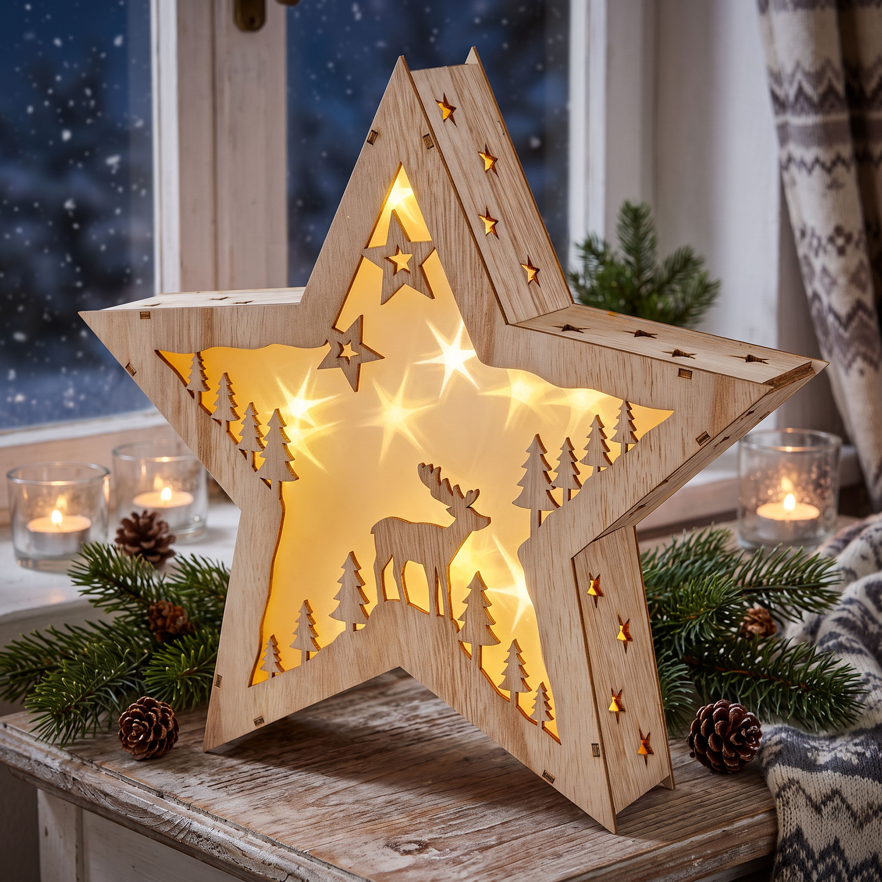 LED Stern Hologramm H30cm Deko Leuchte Holz Weihnachten Tischdeko Weihnachtsstern
