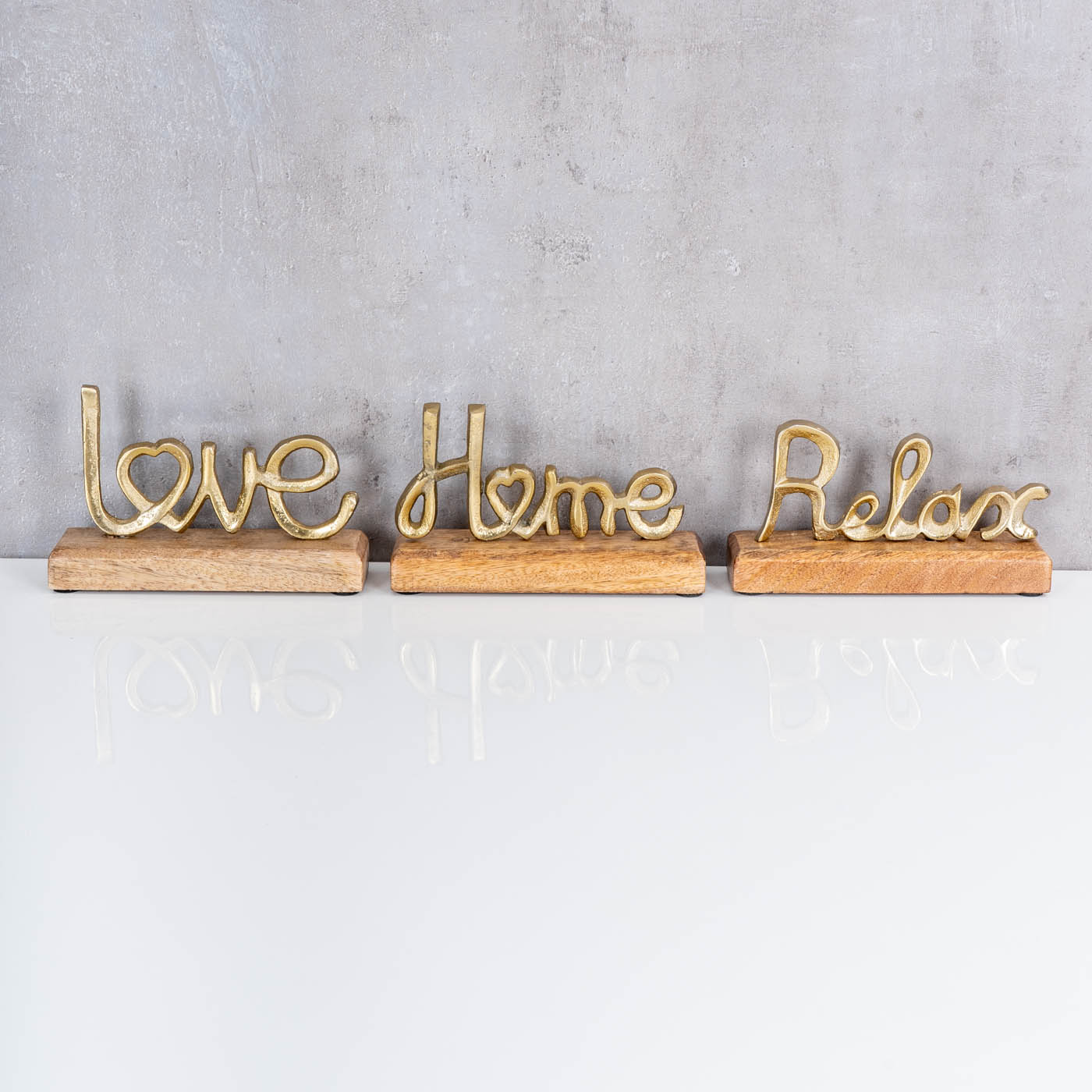 3er Set Schriftzug Love Home Relax Gold Mango Holz Metall Aufsteller Deko