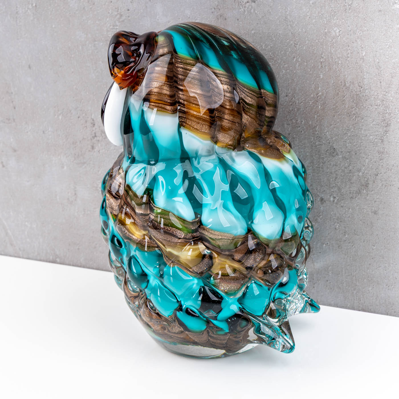 Glas Eule 19cm Murano-Stil Deko Figur Bunt Türkis Braun Vogel Skulptur Unikat