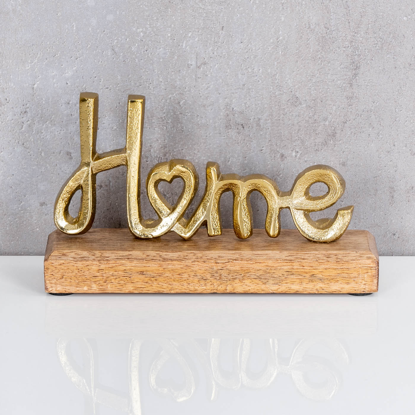 Aufsteller Home H11cm Schriftzug Gold Metall Holz Deko Mangoholz Tischdeko
