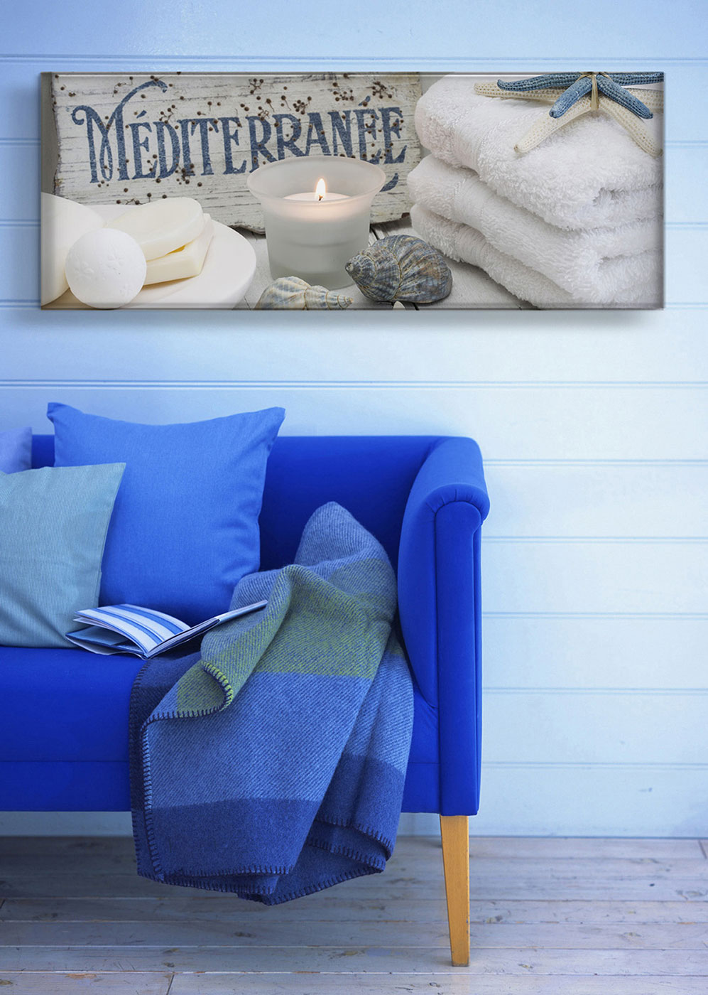 levandeo Glasbild 30x80cm Wandbild Glas Maritim Wellness Muschel Seestern Kerze