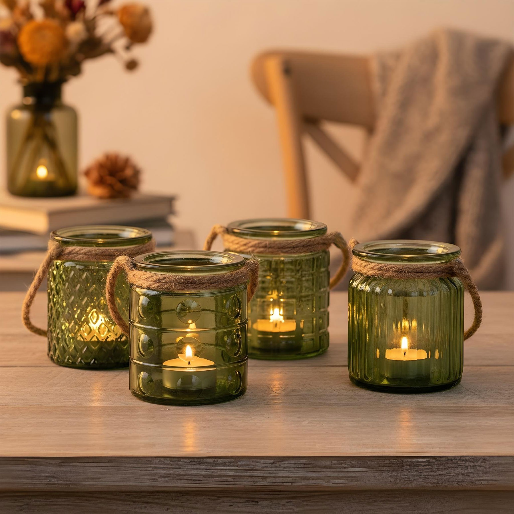 4er Set Windlicht Glas Grün Khaki H10cm Teelichthalter Tischdeko Kerzen Retro Deko