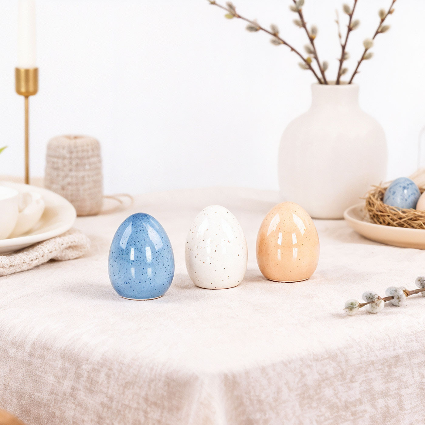 3er Set Deko-Eier Porzellan Blau Creme Beige Osterdeko Ostereier Tischdeko Ostern
