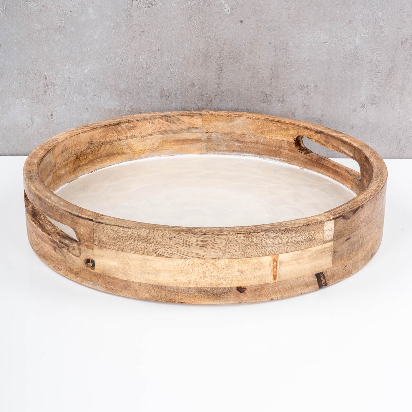 Tablett 35cm Rund Mango Holz Creme Perlmutt Emaille Ablage Serviertablett Deko