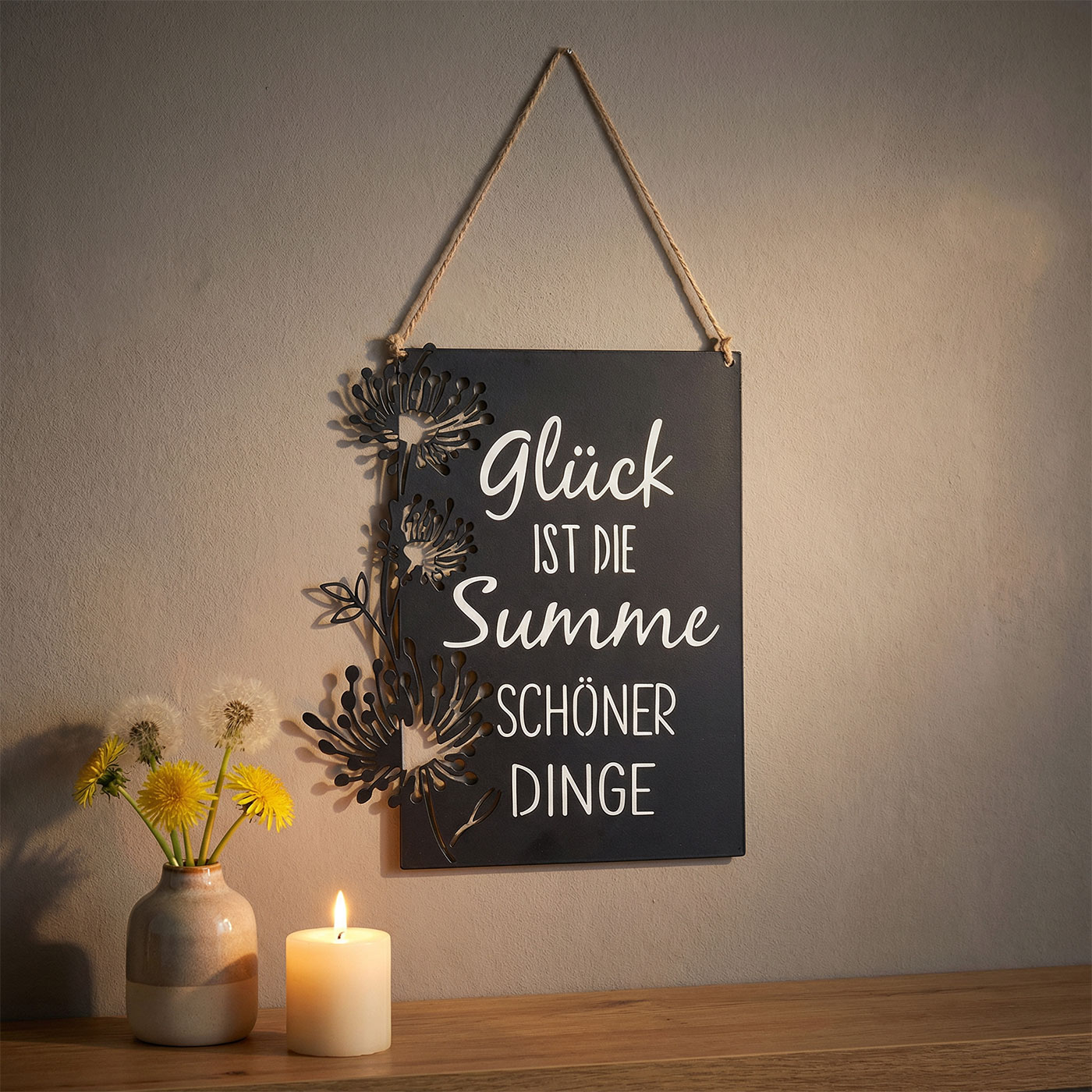 Wandbild Metall Glück Schwarz Spruch Blumen Wanddeko Metallschild Jute Wohndeko