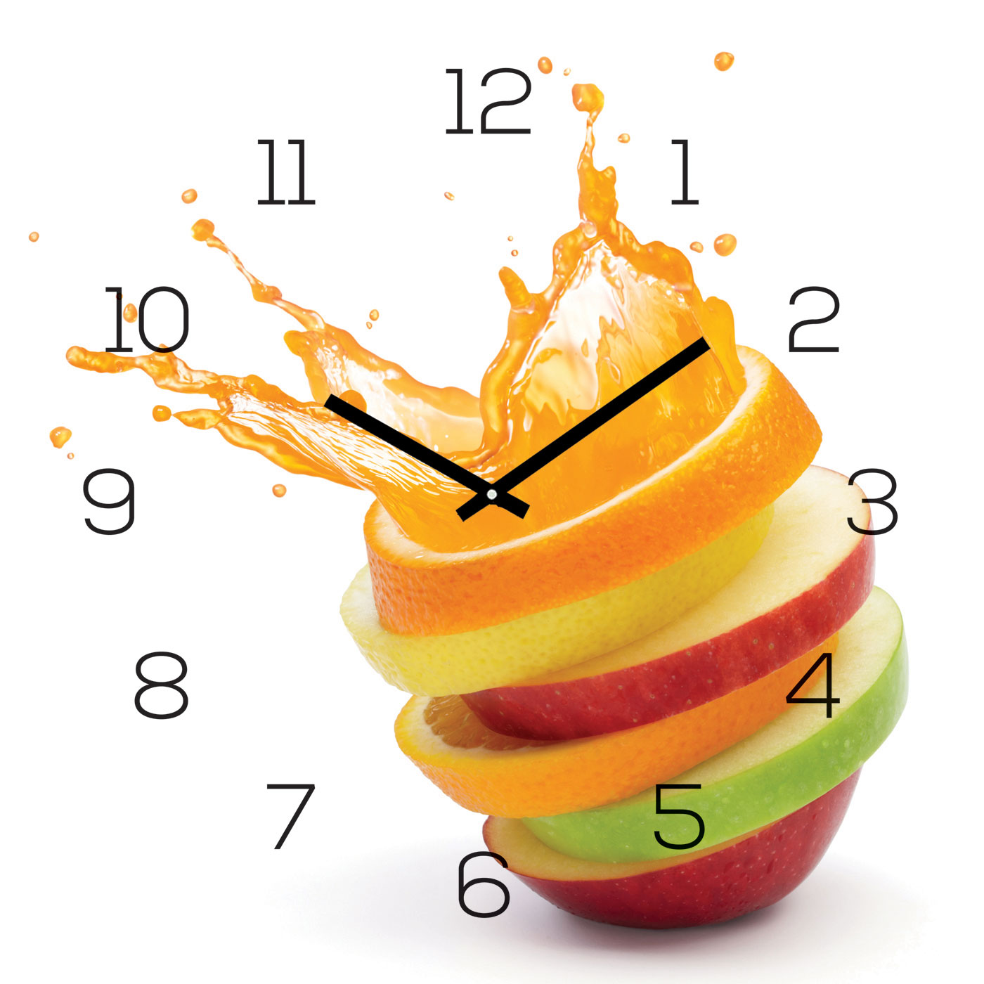 Wanduhr Glas 30x30cm Uhr Glasbild Orange Apfel Wasser Frucht Küche Wanddeko