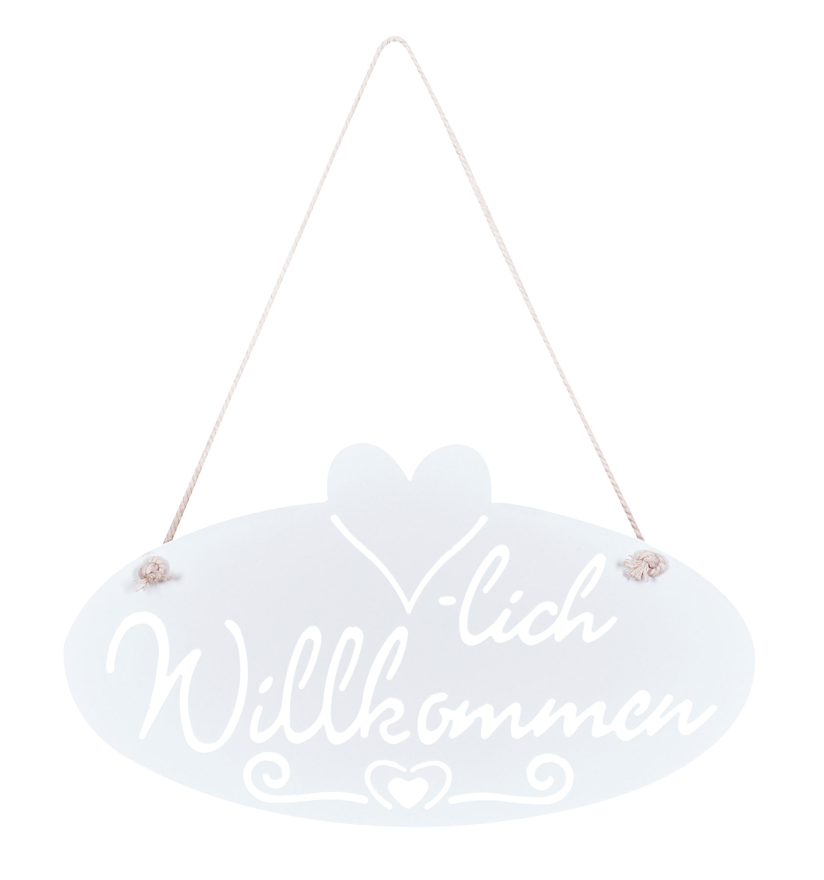 Schild Willkommen Herz 28,5x16cm Garten-Deko Türschild Weiß Wandbild Aufhänger