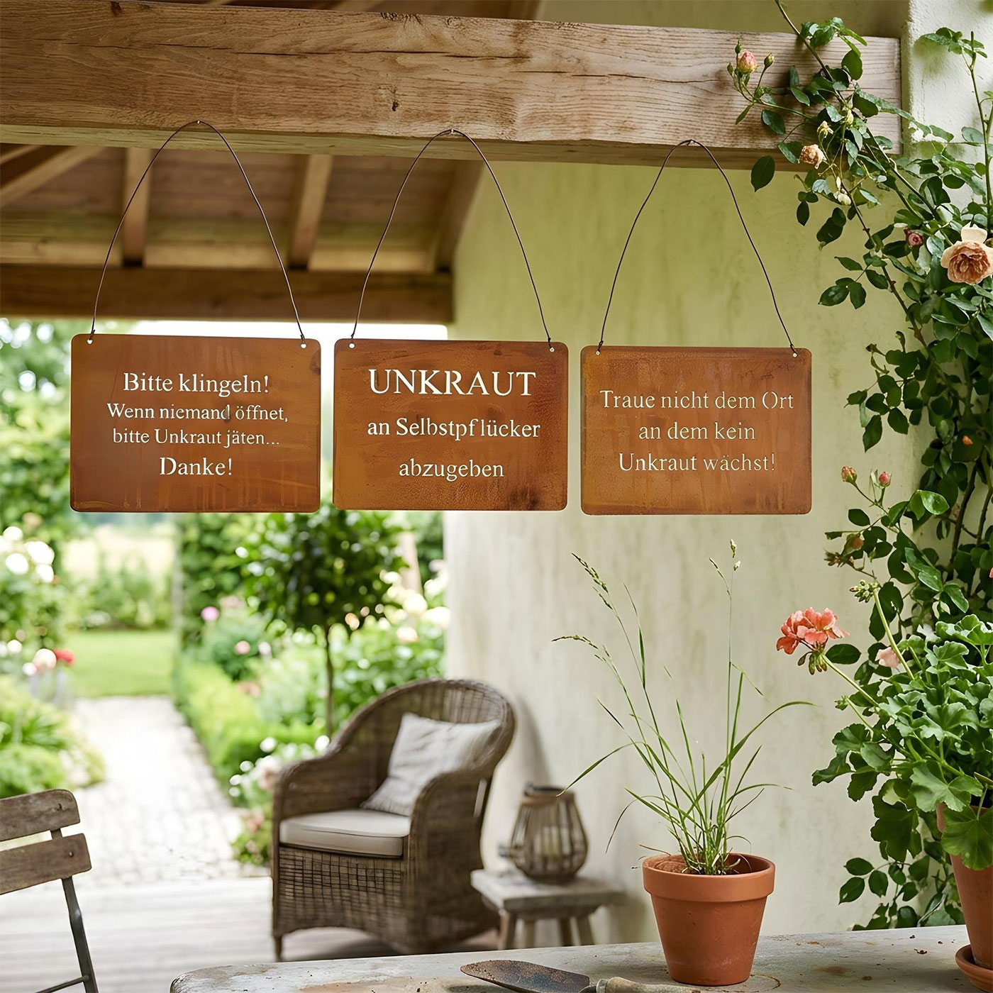 3er Set Wandbilder Sprüche 18x13cm Schilder Garten-Deko Türschild Edelrost