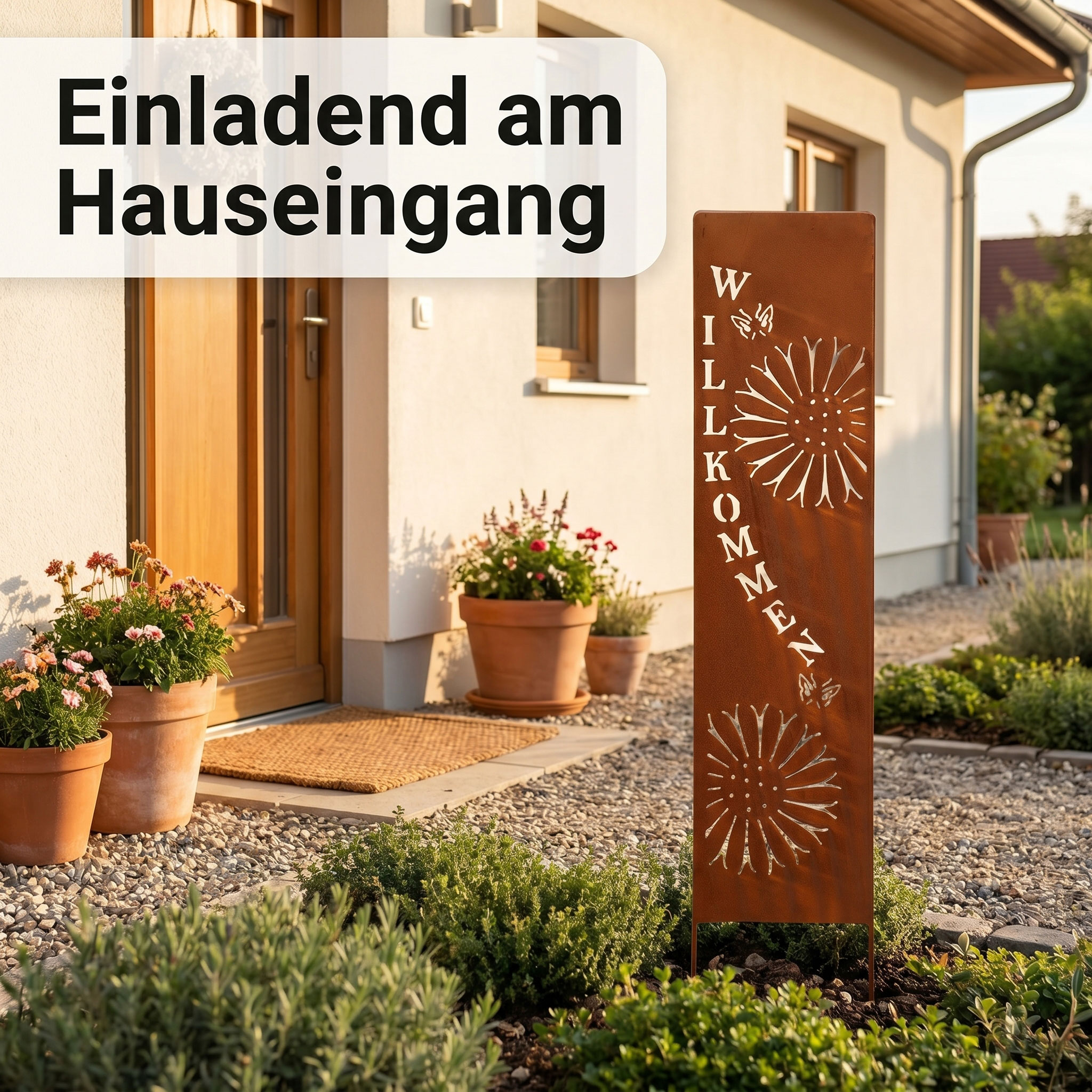 Gartenstele Willkommen Metall Edelrost 20x100cm Blumen Schmetterling Rost Deko