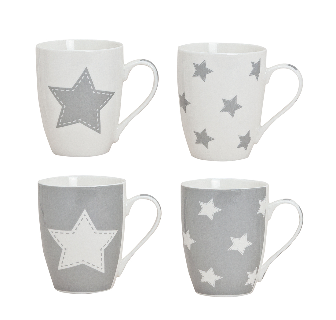 4er Set Becher Tassen Kaffeebecher Kaffeepott Grau Stern