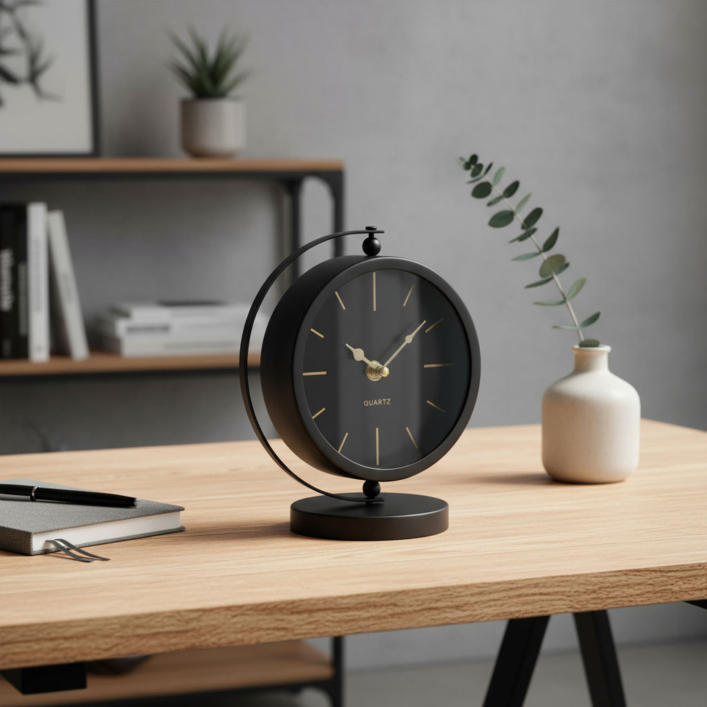 Tischuhr H20cm Schwarz Gold Metall Vintage Retro Metalluhr Analog Standuhr Deko