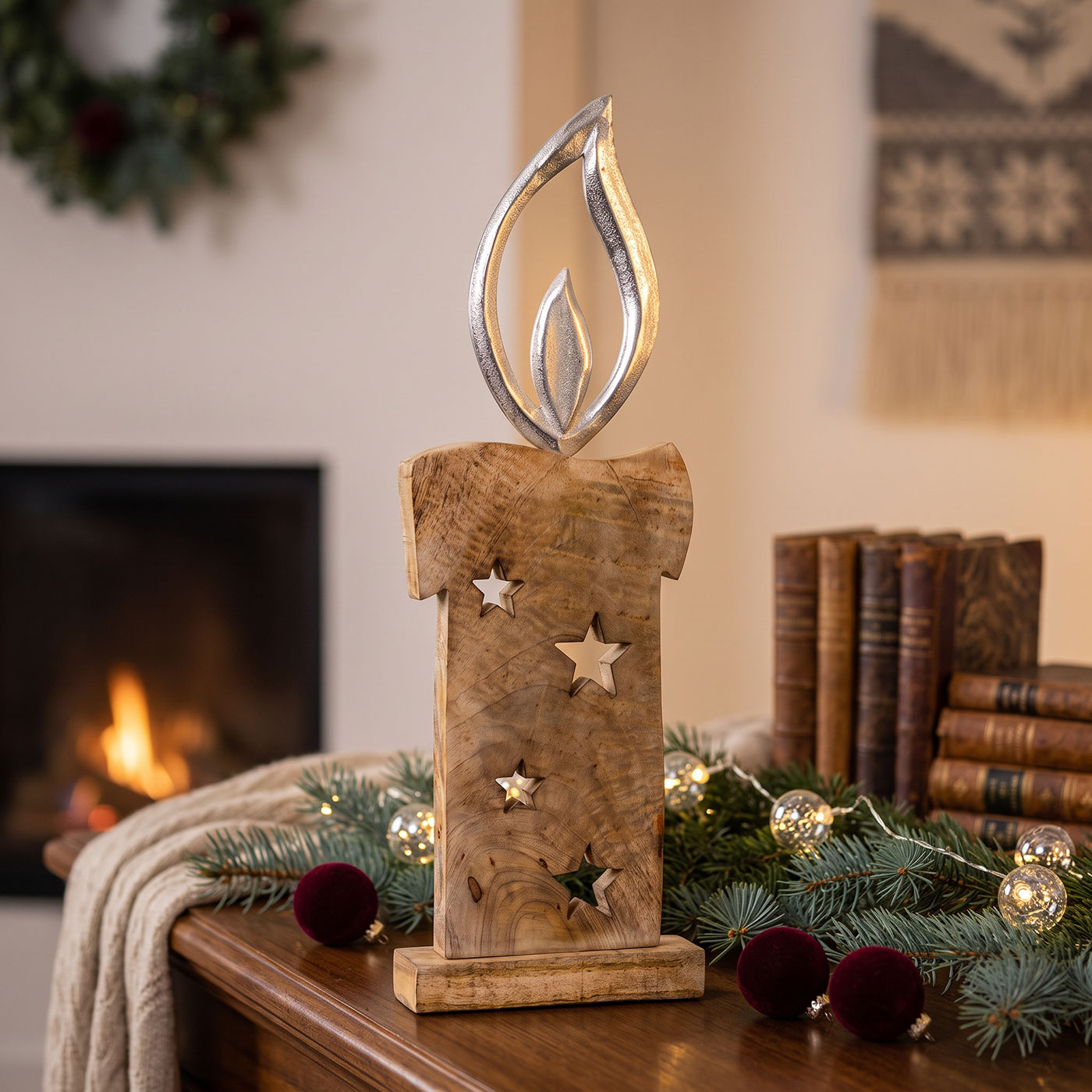 Weihnachtsdeko Kerze Mangoholz H50cm Deko Aufsteller Holz Metall Weihnachten