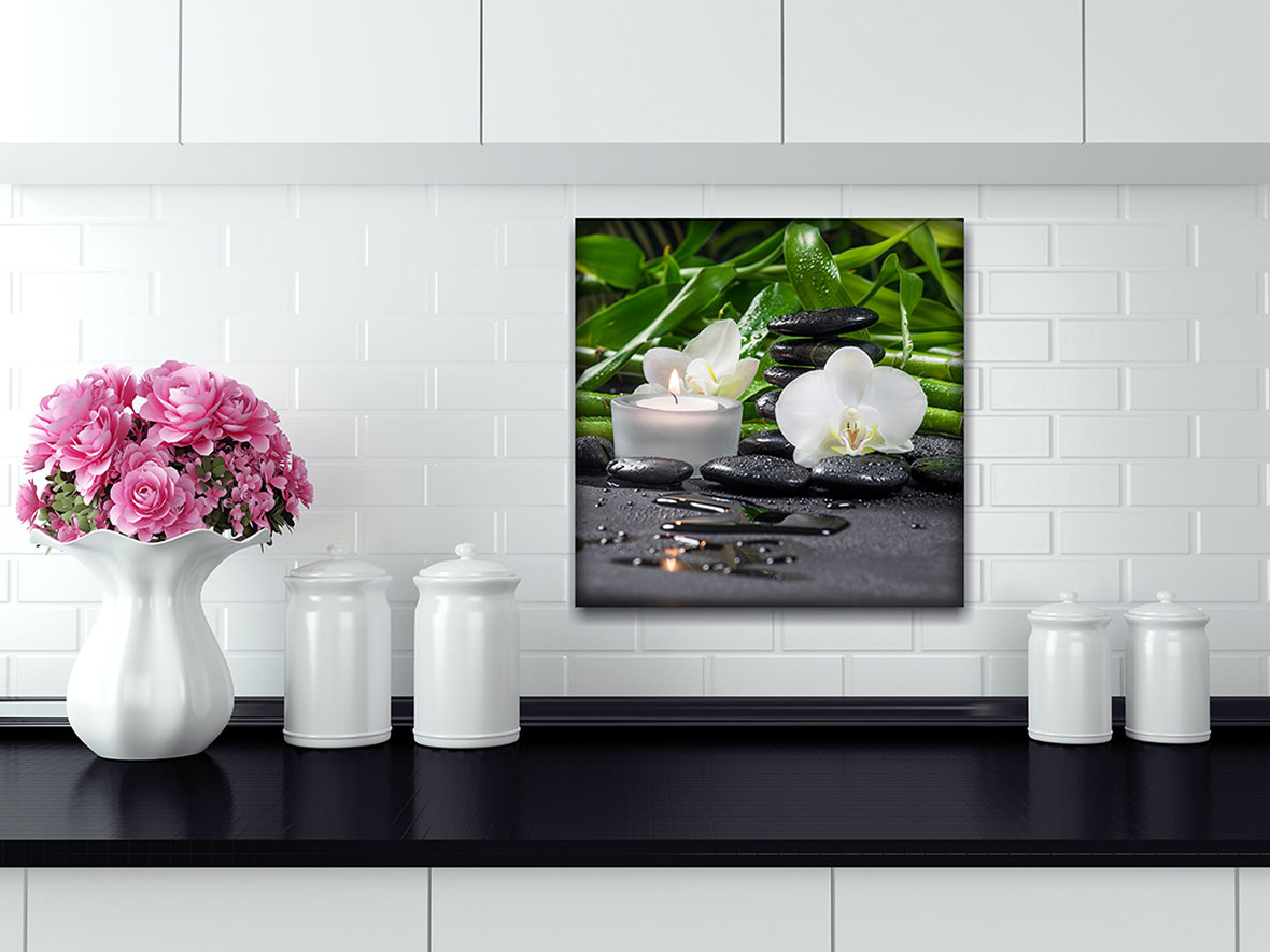 Glasbild 4er Set je 30x30cm Wandbild Glas lila Orchideen Blume Wanddeko Wellness
