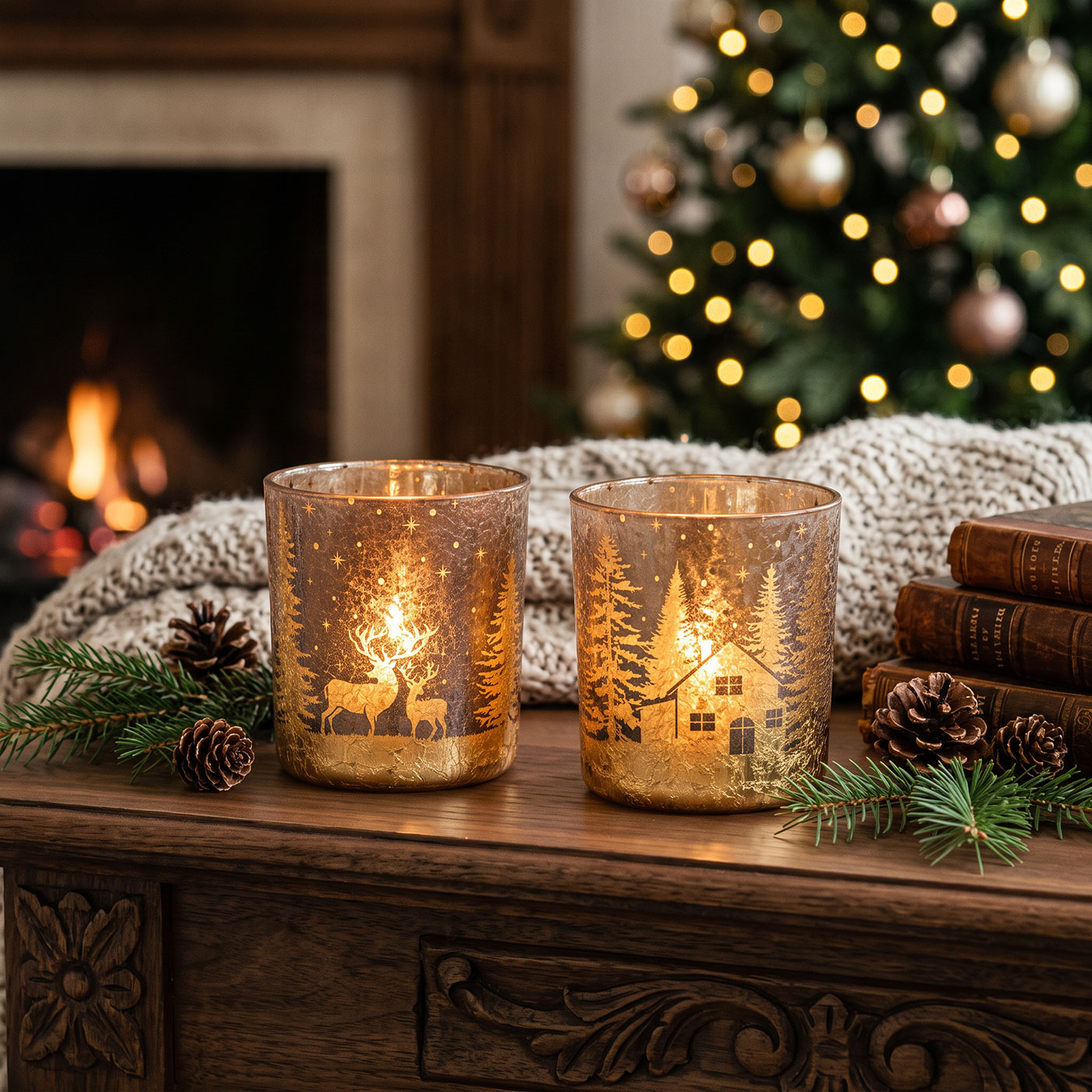 2er Set Teelichthalter Gold Braun Winter Landschaft Glas Kerzenhalter Tischdeko