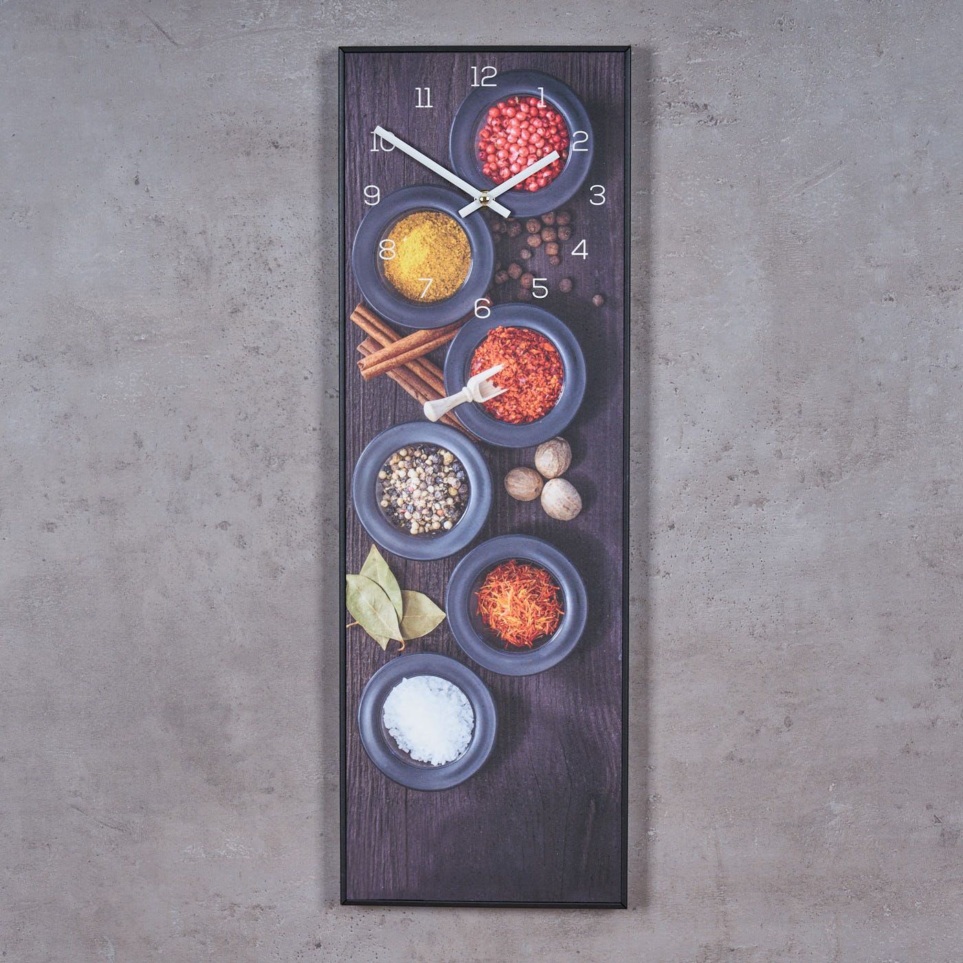 Wanduhr 20x60cm Uhr PVC Rahmen Schwarz Gewürze Küche Wanddeko Wandbild Bild
