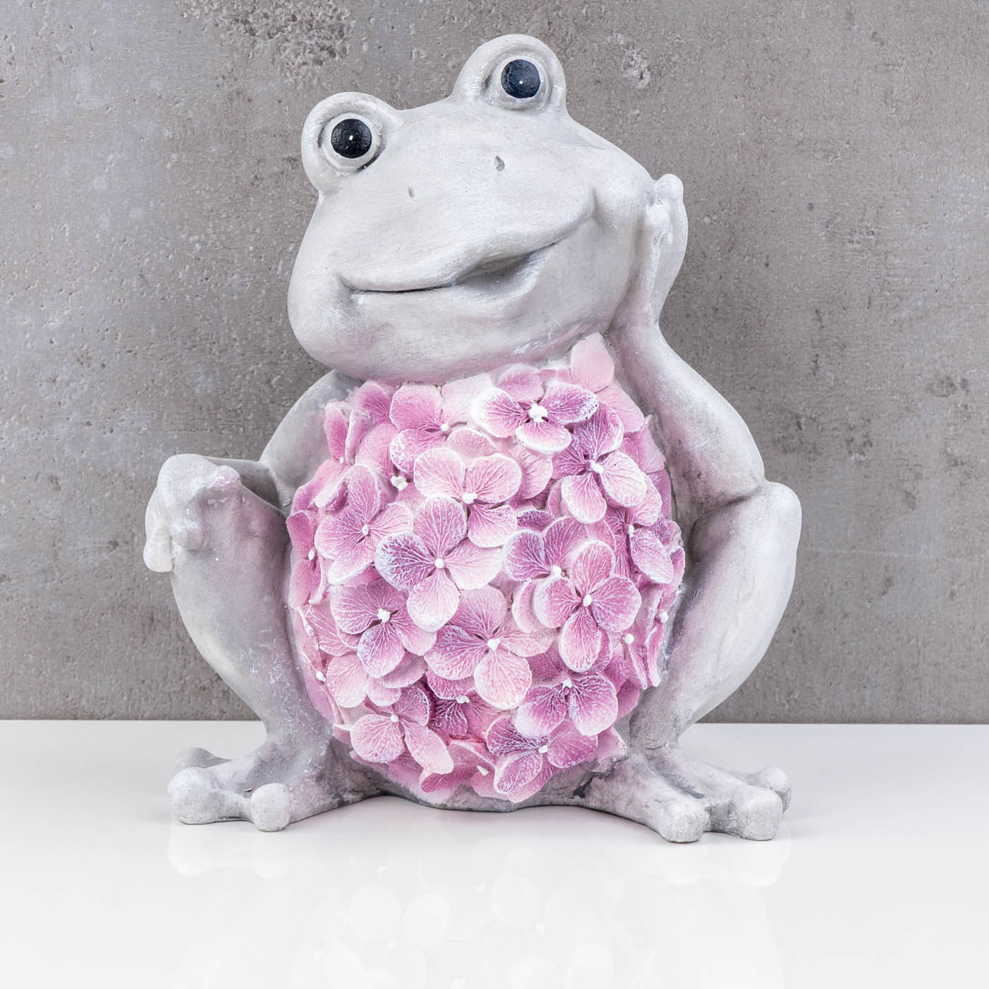Dekofigur Frosch Grau Rosa Blüten Gartenfigur H21cm Kunststein Gartendeko Wohndeko