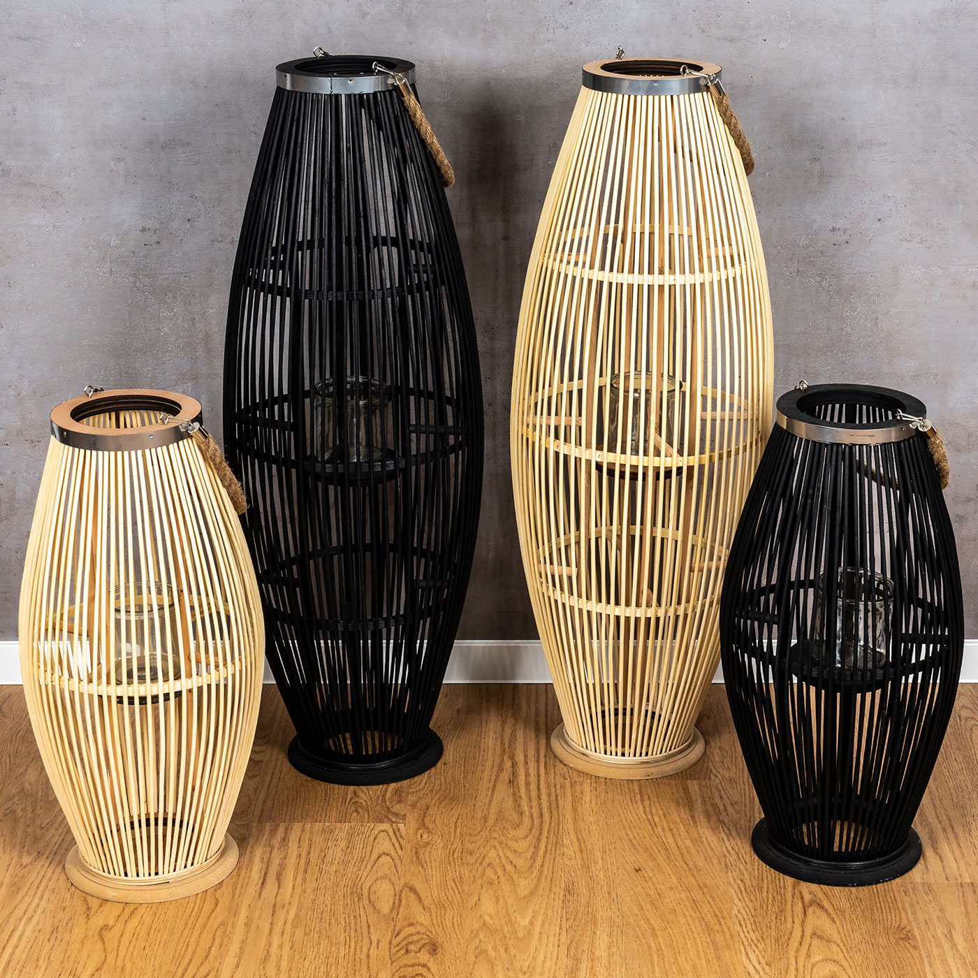Laterne H60cm Bambus Windlicht Natur Holz Glas Kerzenhalter Sisal Deko