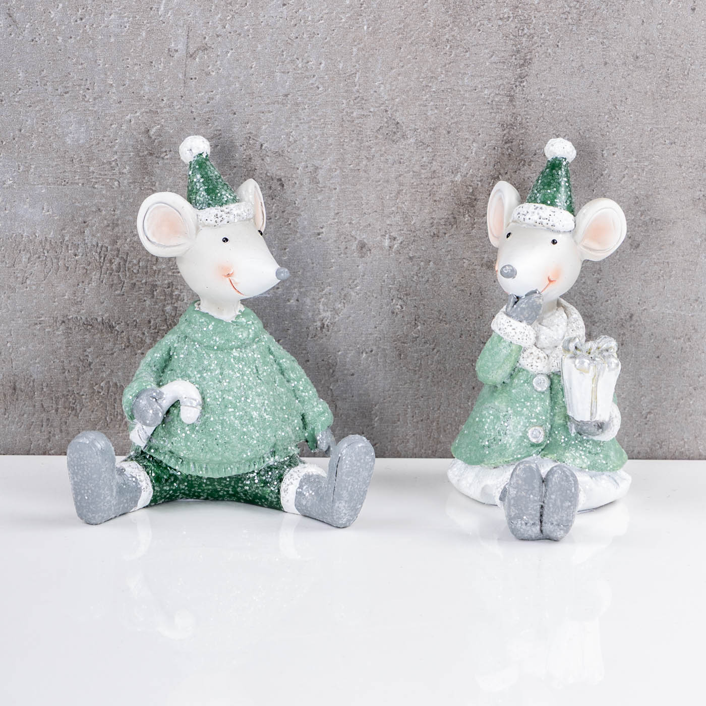2er Set Mäuse Weihnachten Deko Kunstharz Grün Weiß Weihnachtsdeko Tischdeko