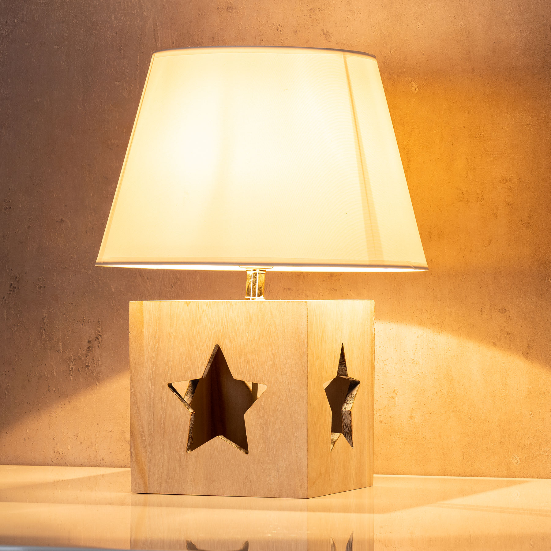 Lampe Tischlampe H41cm Holz Holzlampe Stern Leuchte Deko Tischleuchte Tischdeko