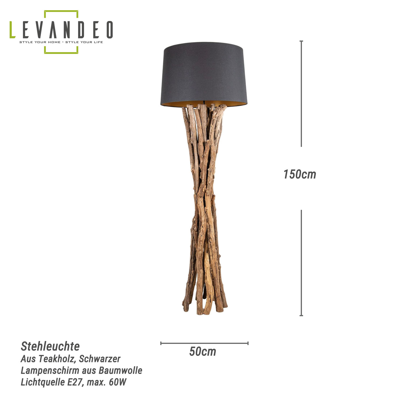 Stehlampe 150cm Holz Natur Lampe Schwarz Holzlampe Unikat Treibholz Leuchte Boho