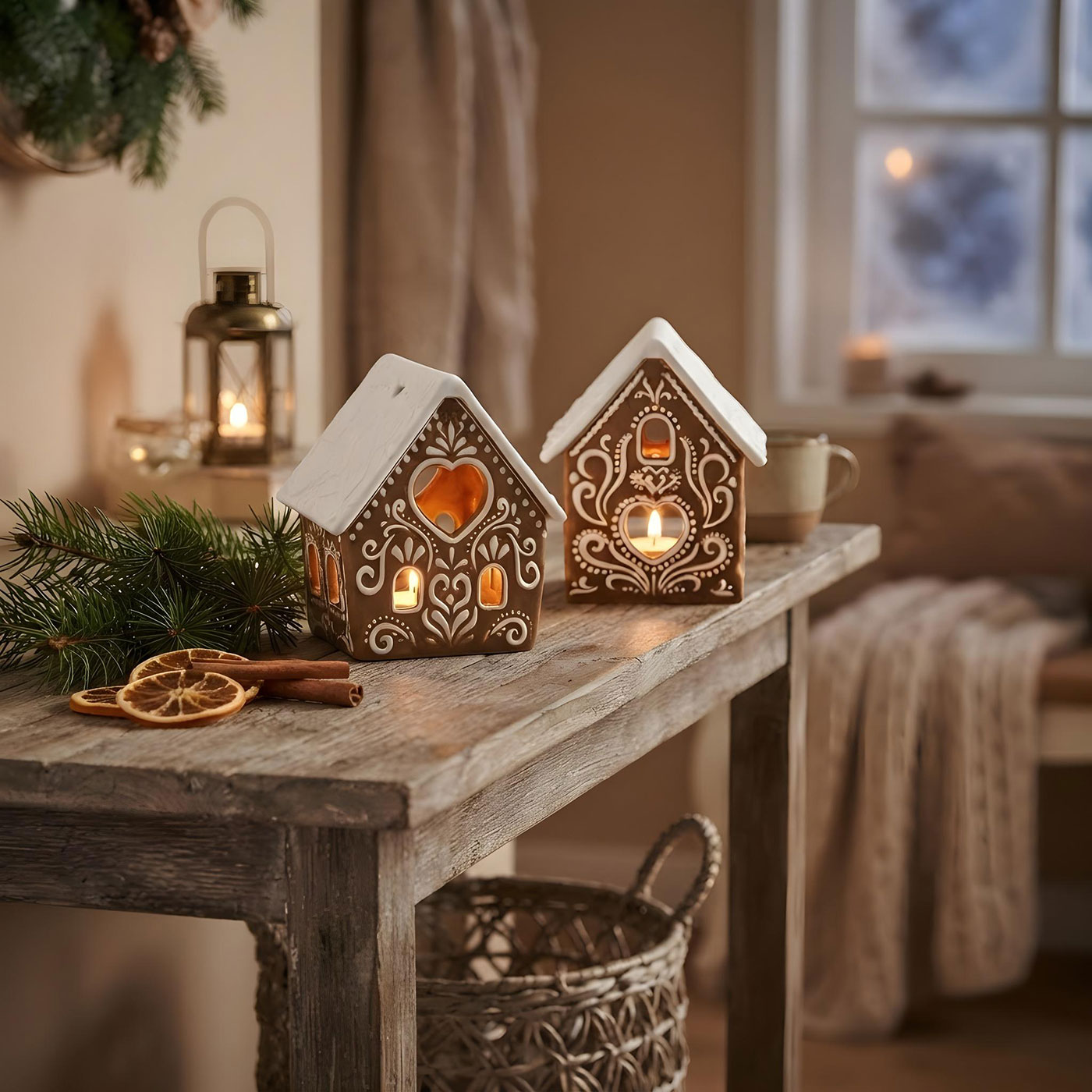 2er Set Teelichthalter Lebkuchen Haus Porzellan Kerzenhalter Weihnachten Deko