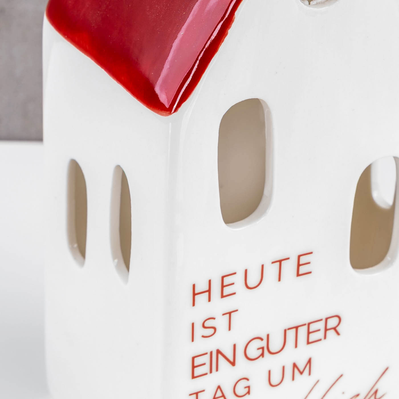 LED Haus Weiß Rot Porzellan Tischdeko Spruch Deko Aufsteller Schriftzug Lichthaus