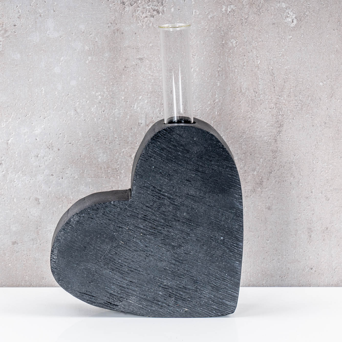 Vase Herz Reagenzglas H13cm Mangoholz Schwarz Glas Tischdeko Wohnzimmer Deko