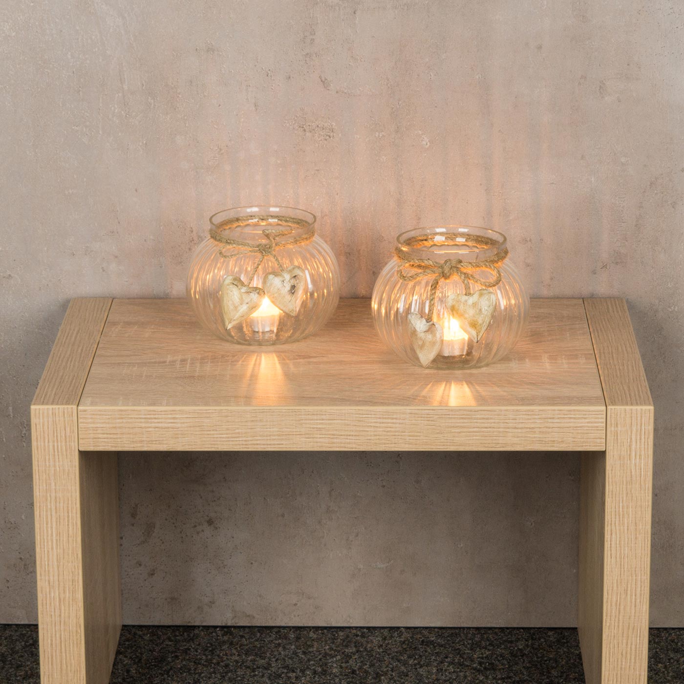 2er Set Windlicht B x H: 13x10cm Glas Rund Teelichthalter Deko Herzen